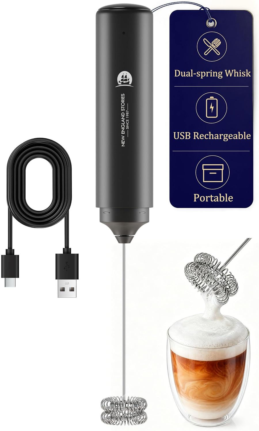 Rechargeable Milk Frother Handheld, 2-IN-1 Dual Spring Whisk Electric Frother Wa
