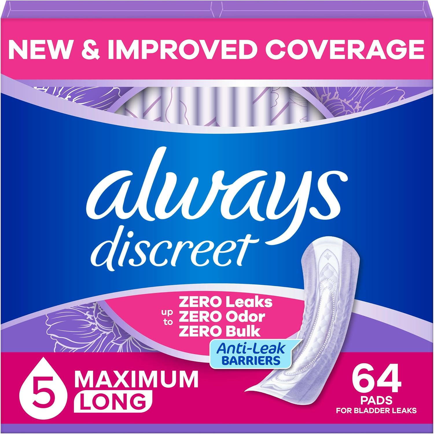 Always Discreet Adult Incontinence Pads for Women, Drier, 5 Drop Long Length, He