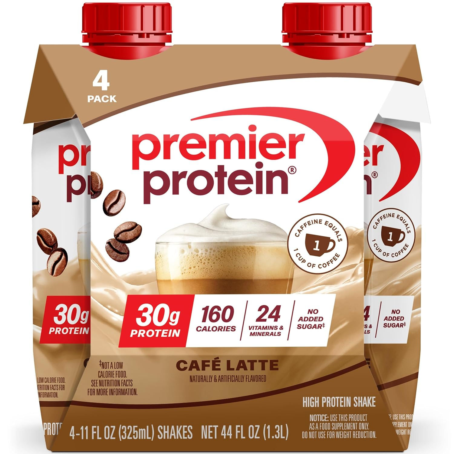 Premier Protein Shake +Energy, Café Latte, 30g High Protein, 4 Pack, 11 oz
