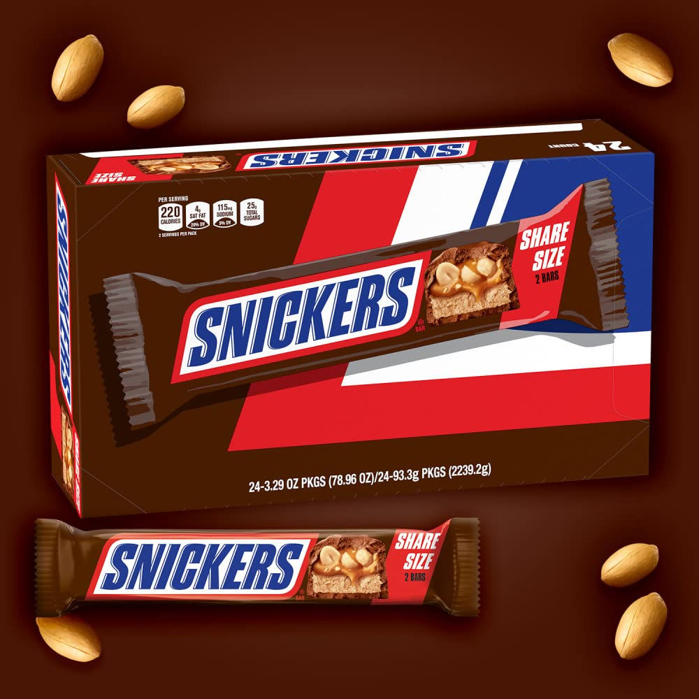 SNICKERS Milk Chocolate Candy Bars, Share Size Bulk, 3.29 oz, Pack of 24 | Peanu