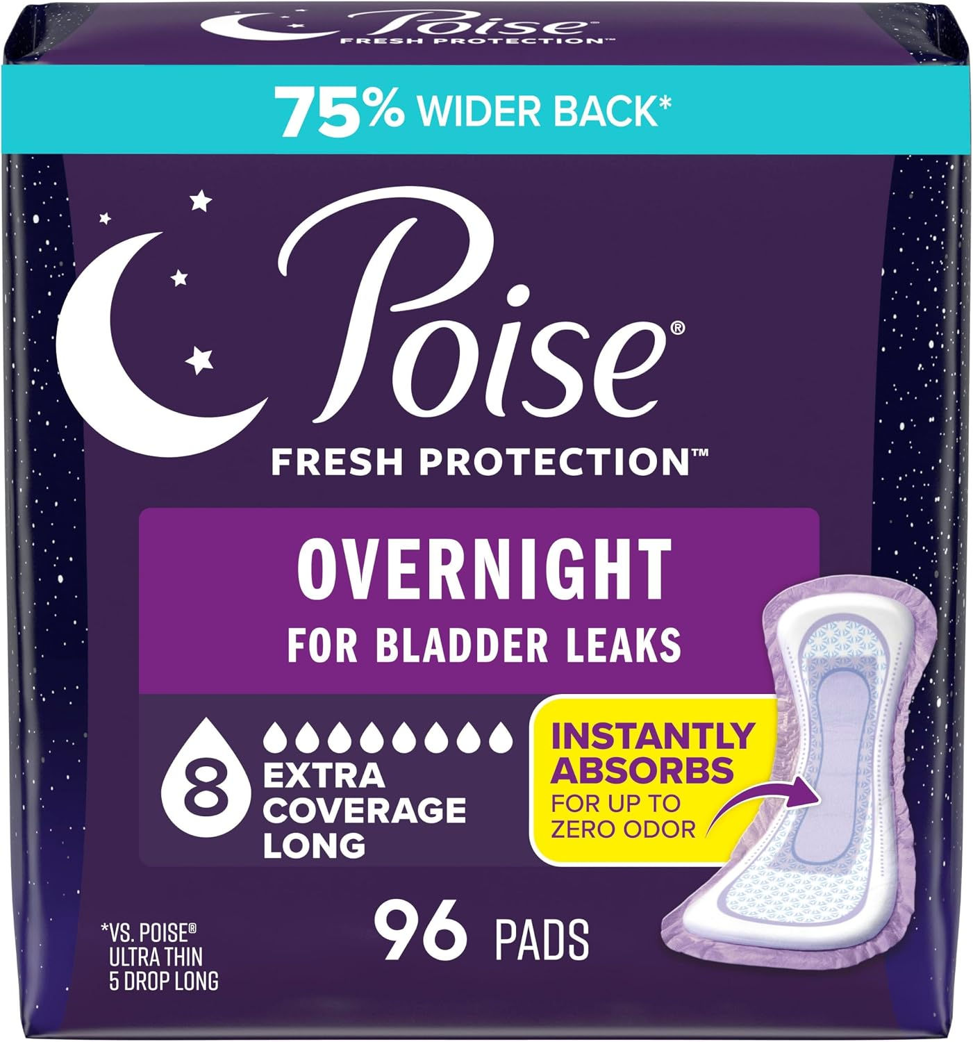Poise Overnight Incontinence & Postpartum Pads for Bladder Leaks, 8 Drop Extra C