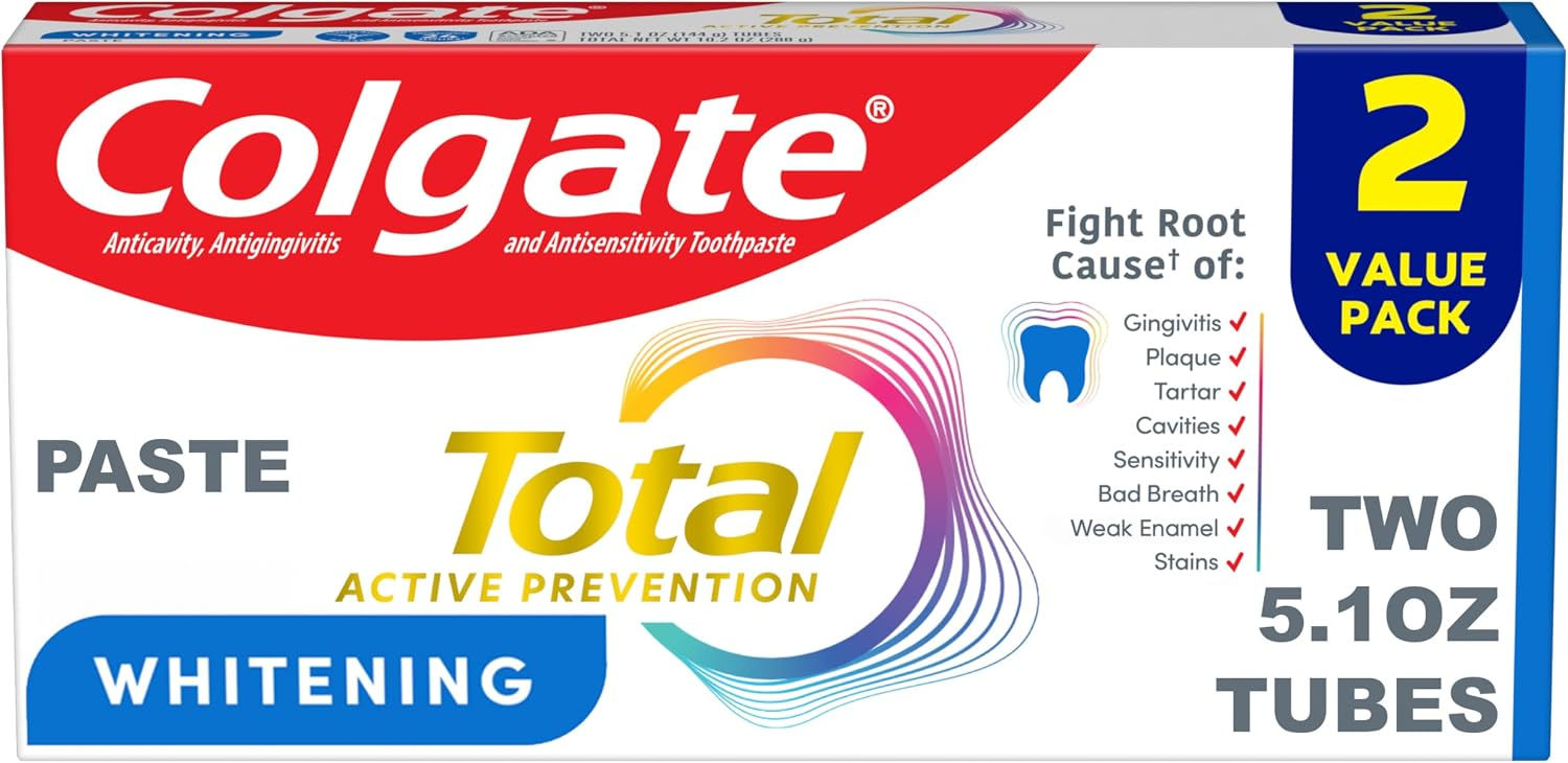 Colgate Total Whitening Fluoride Toothpaste, Mint, 2 Pack, 5.1 oz | Antibacteria