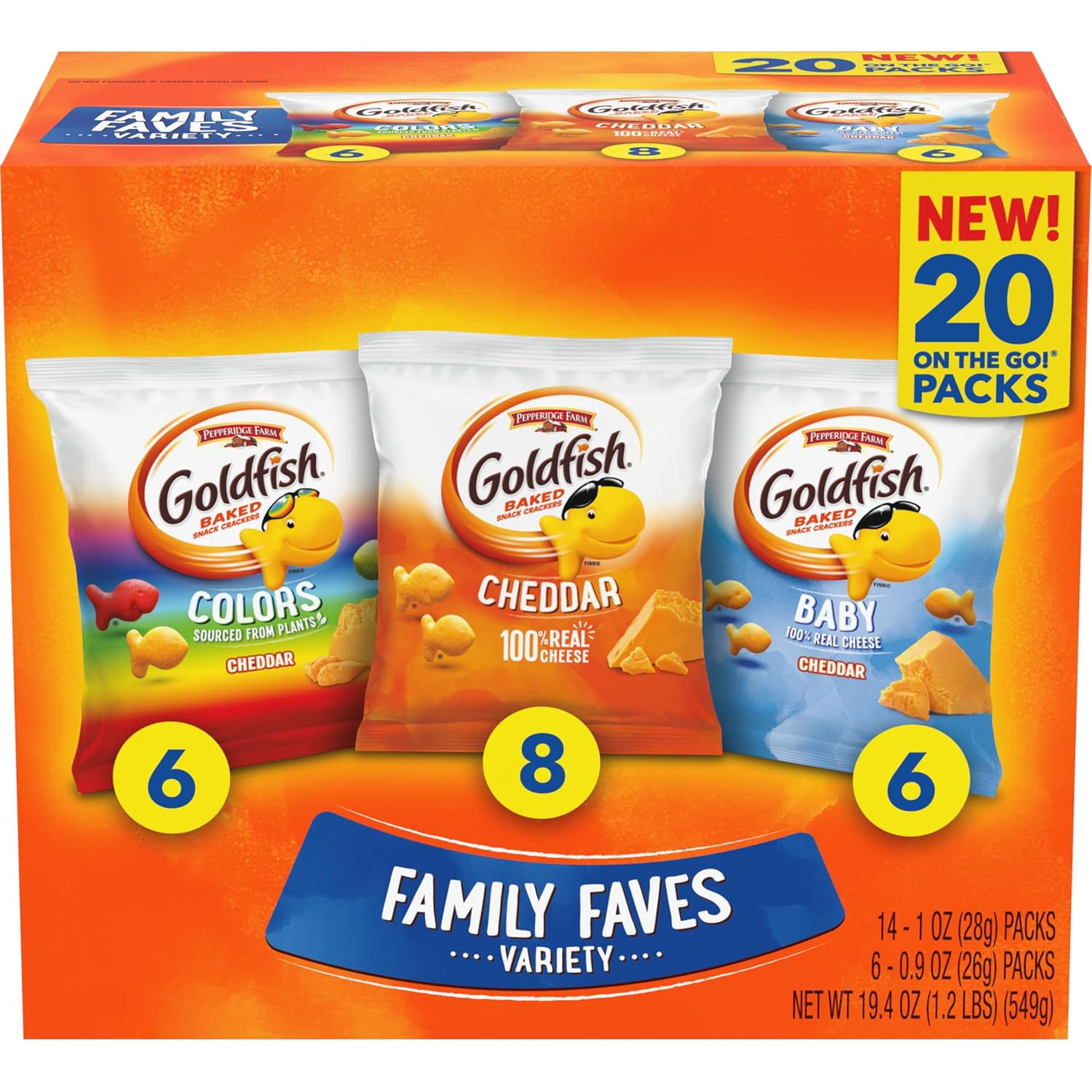Goldfish Family Faves Crackers, Cheddar, Colors and Baby Crackers Snack Packs, 2