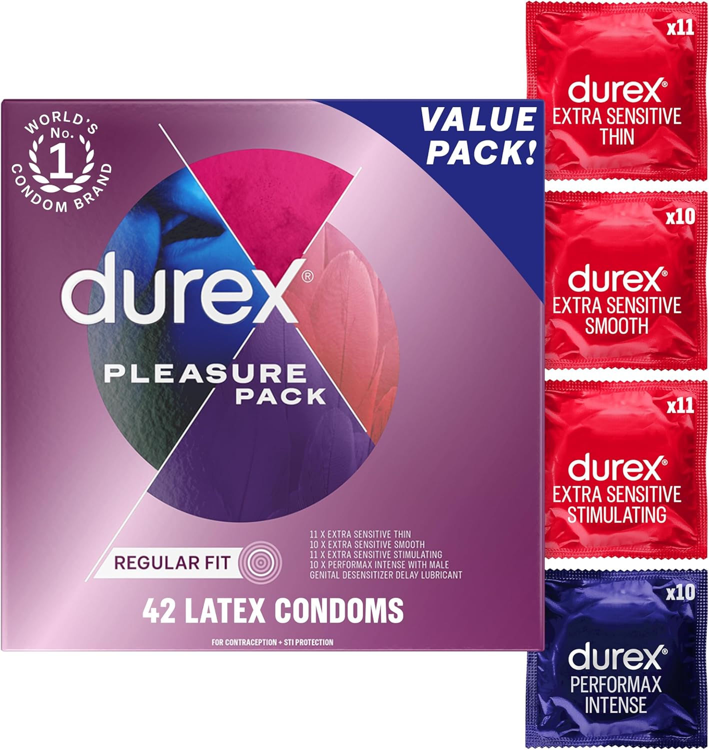 Durex Pleasure Pack Assorted Thin Condoms, Exciting Mix of Sensation and Stimula
