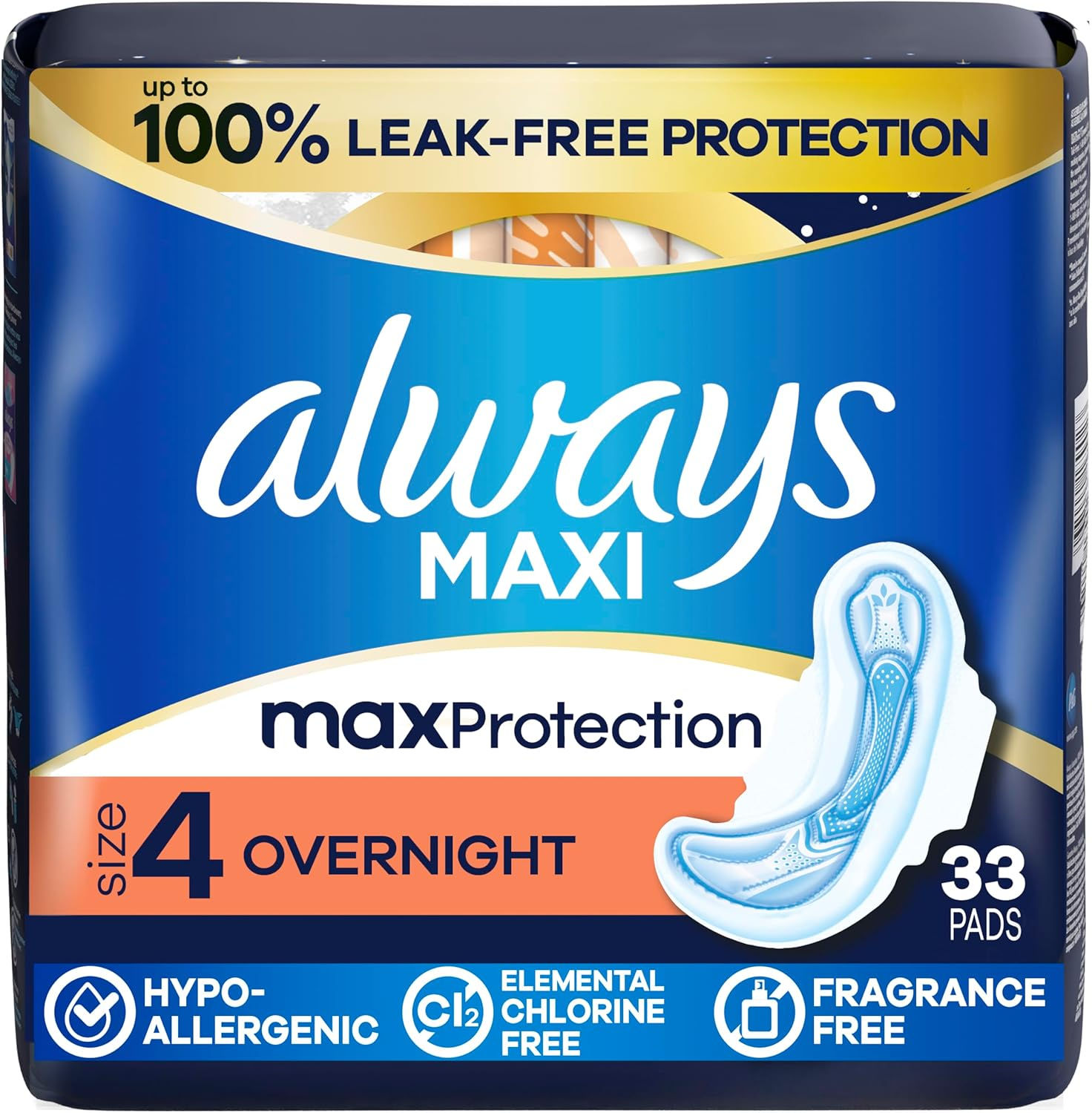 Always Maxi Overnight Pads with Wings for Women, Size 4, Overnight Absorbency, U