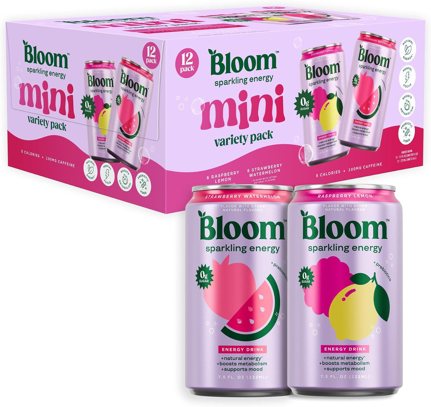 Bloom Nutrition Sparkling Energy Drink Minis, 7.5oz 12 Pack