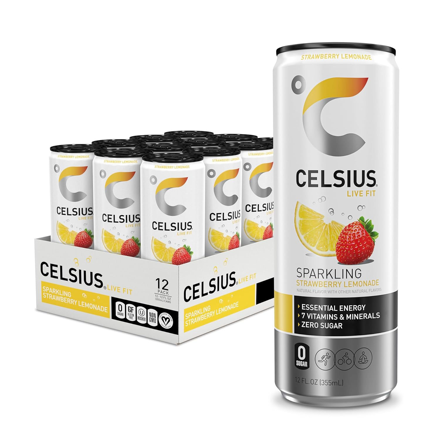 CELSIUS Sparkling Strawberry Lemonade, Sugar Free Energy Drink, 12 Fl Oz (Po 12)