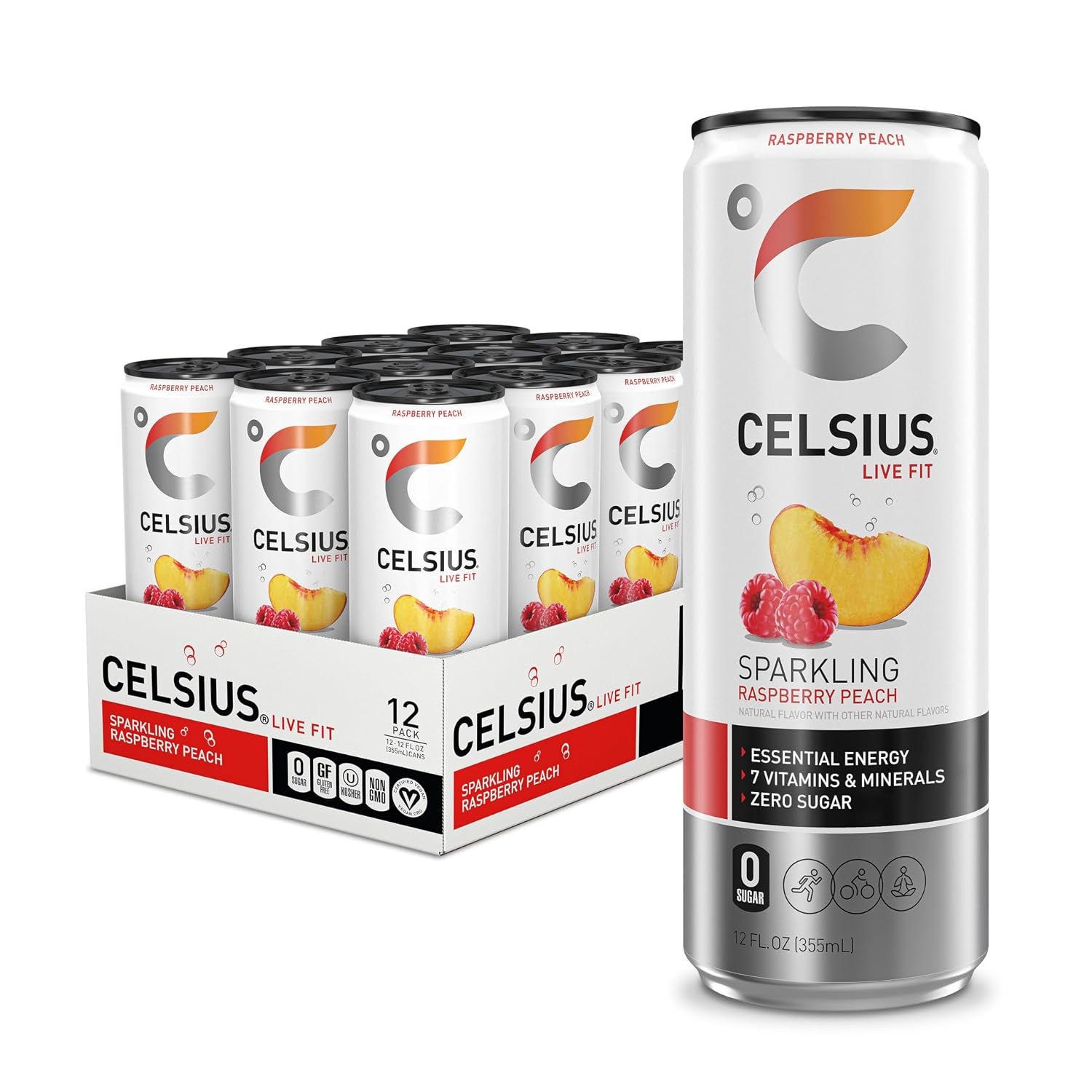 CELSIUS Sparkling Raspberry Peach, Sugar Free Energy Drink, 12 Fl Oz (Pack of 12