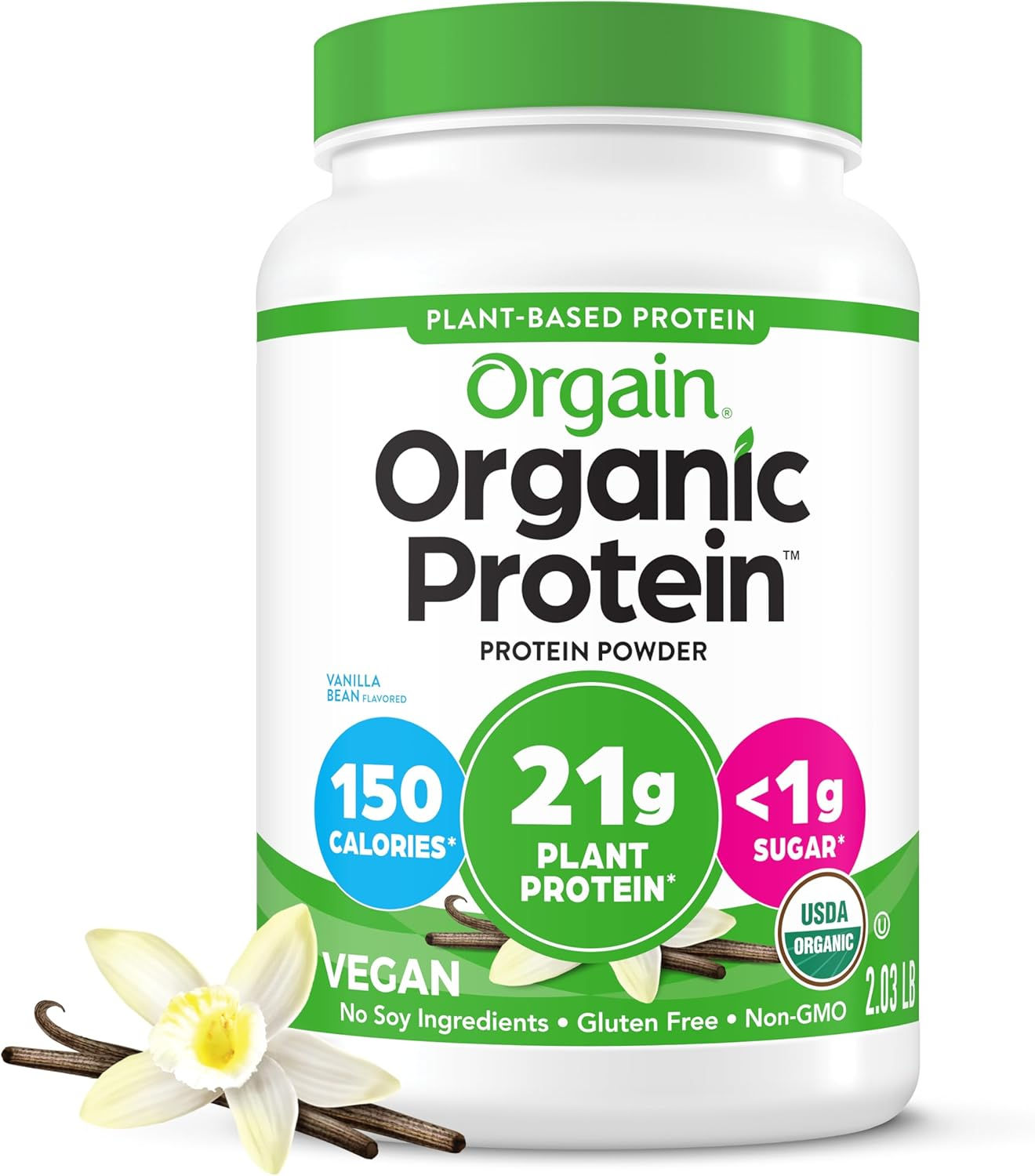 Orgain Organic Vegan 21g Protein Powder, Vanilla Bean, 2.03 lb | Plant based pro