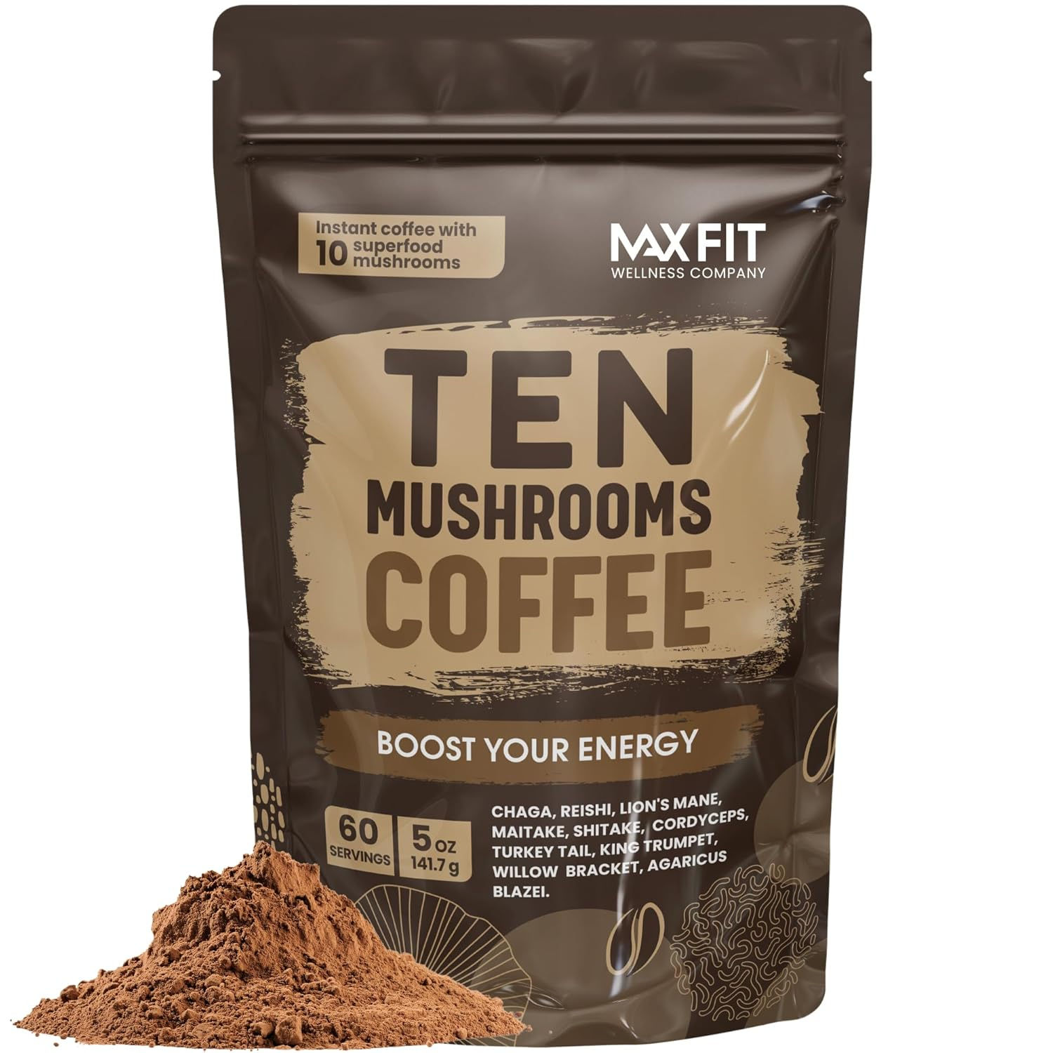 Mushroom Coffee (60 Servings) 10 Mushrooms (Lion’s Mane, Cordyceps, Turkey Tail