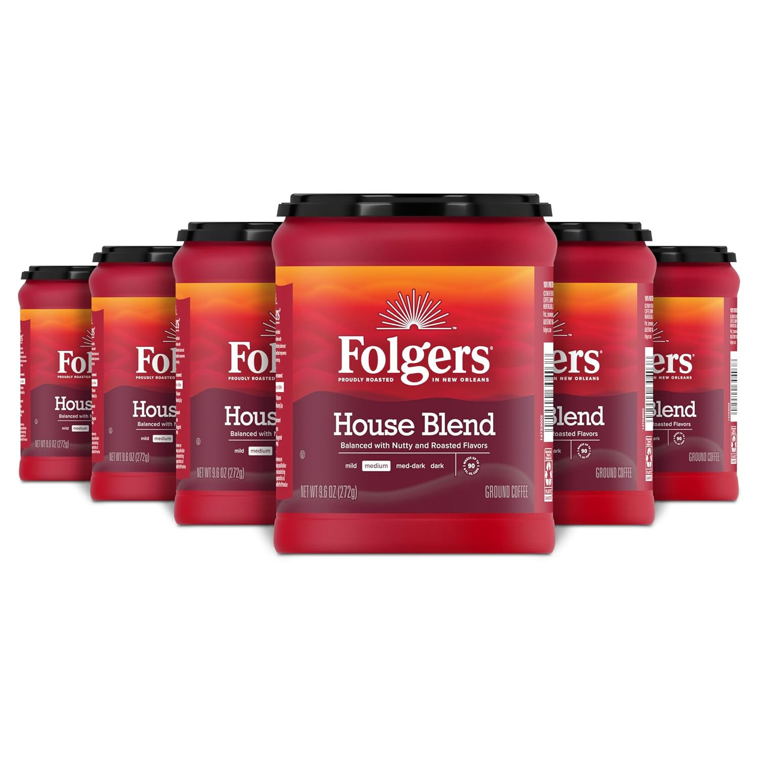 Folgers House Blend Ground Coffee, Medium Roast, 6 (9.6 Oz.) Canisters | 9.6-oz.