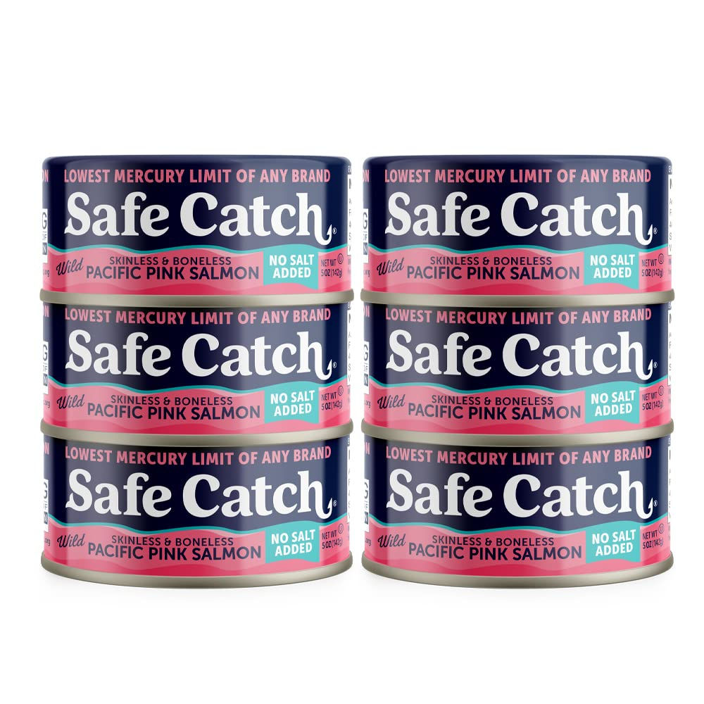 Safe Catch Wild Pacific Pink Canned Salmon Fish, No Salt, 5oz, 6-Pack | Skinless