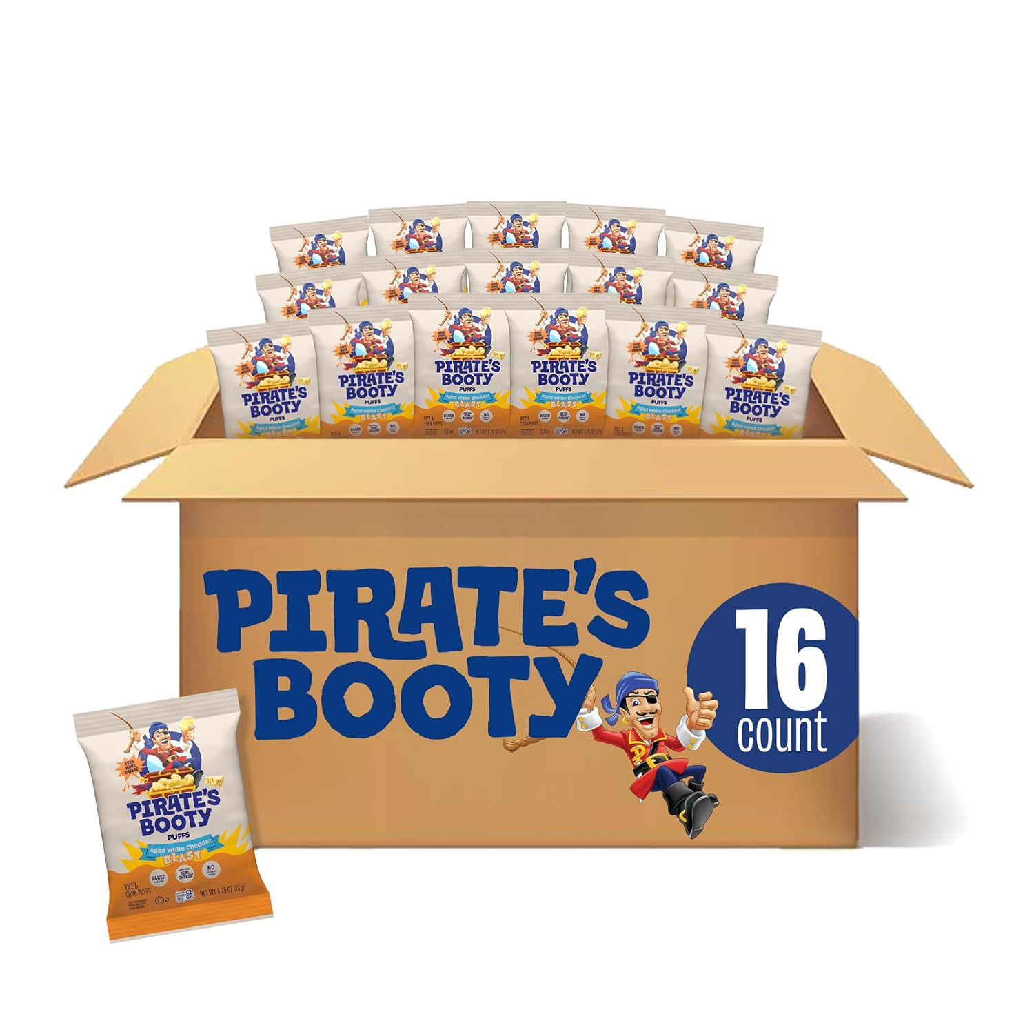 Pirate's Booty Cheddar Blast Cheese Puffs, Gluten-Free, Kids Snacks, 0.75oz (16c