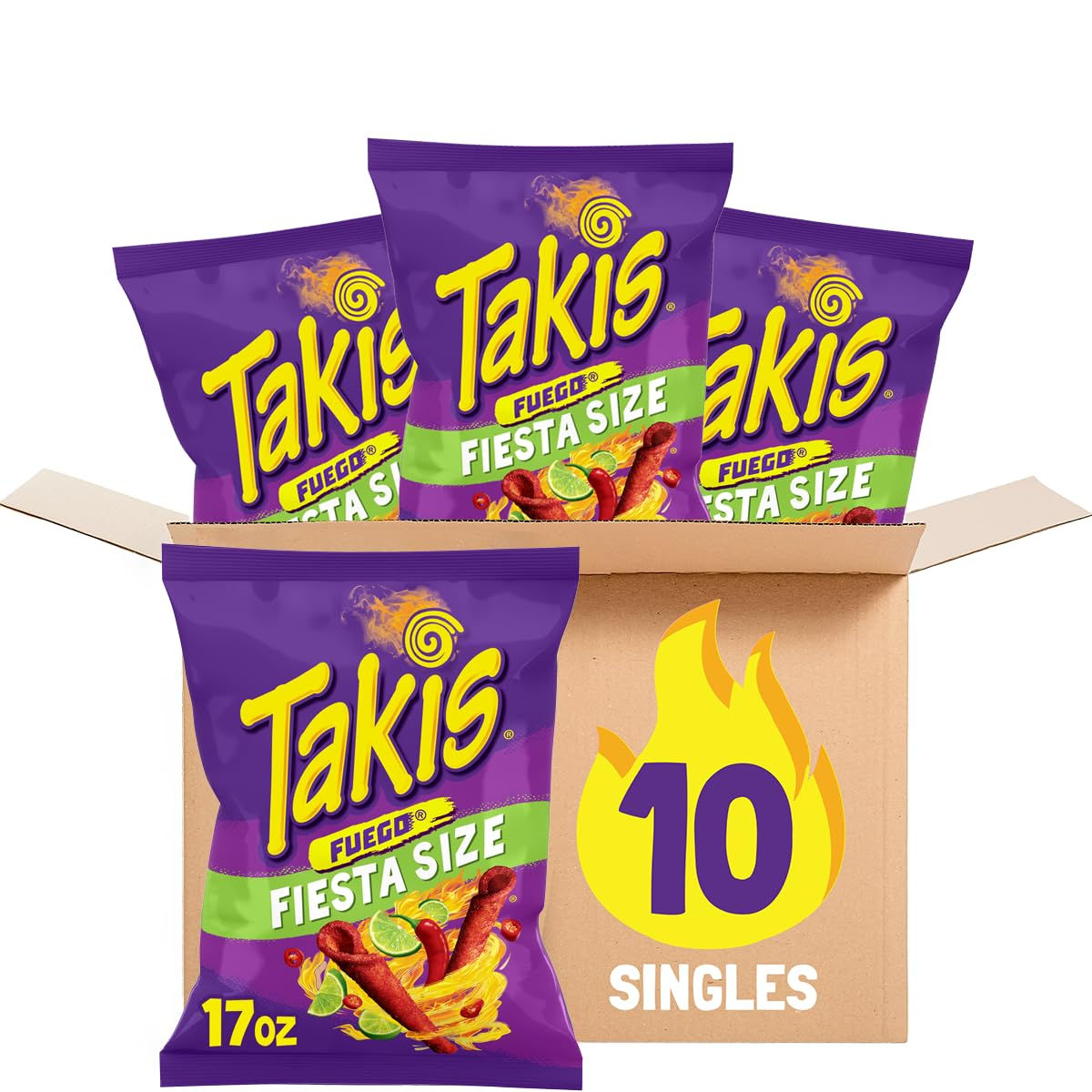 Takis Fuego 10 ct, 17 oz Fiesta Size Case, Hot Chili Pepper & Lime Flavored Extr