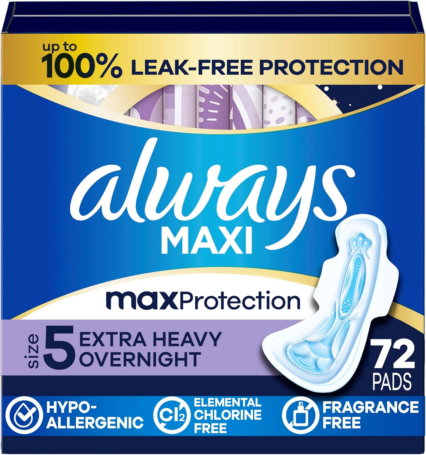 Always Maxi Overnight Pads with Wings, Size 5, Extra Heavy Overnight, Unscented,