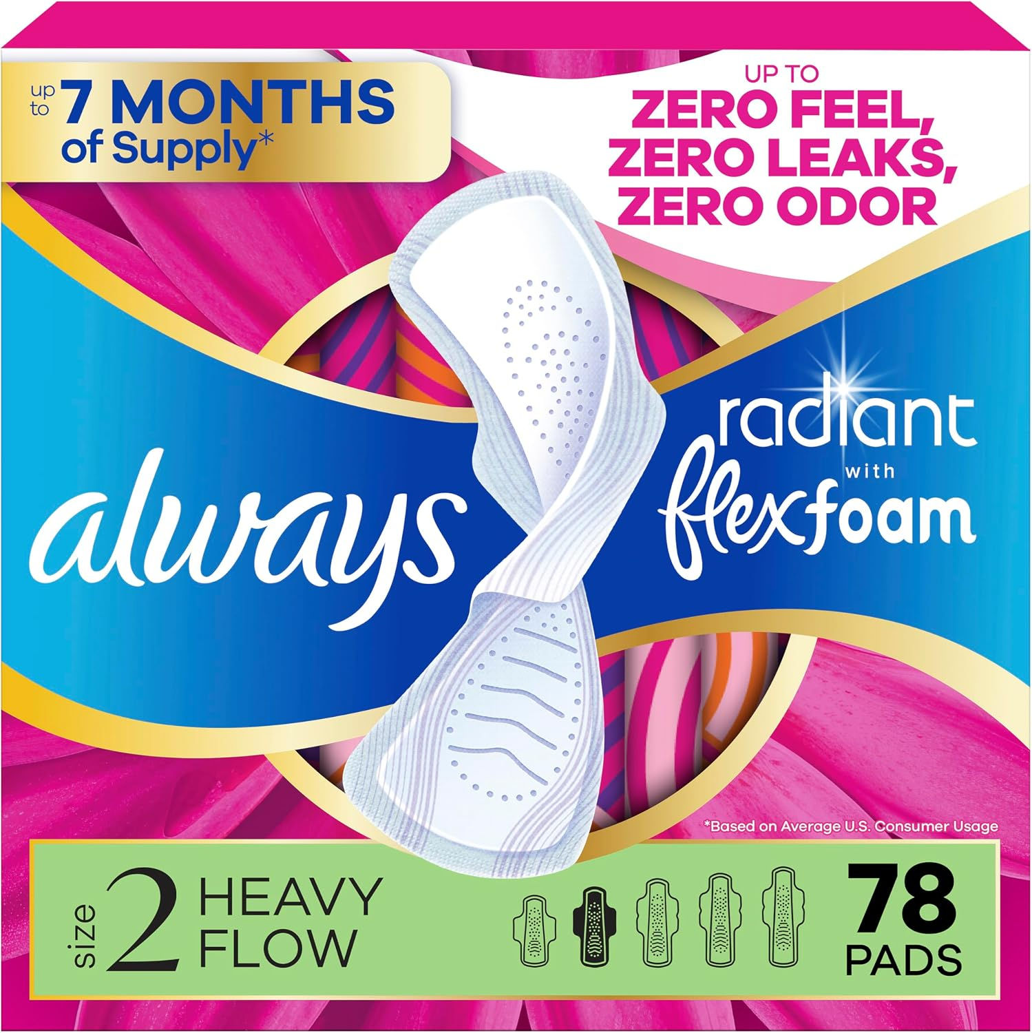 Always Radiant Feminine Pads for Women, Flexfoam Pads with Wings, Size 2, Heavy