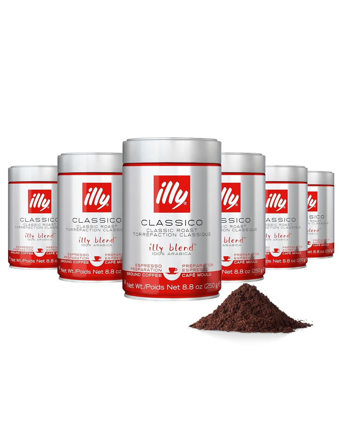 illy Ground Espresso Coffee, Classico Medium Roast, 8.8oz, 6 Pack | 100% Arabica
