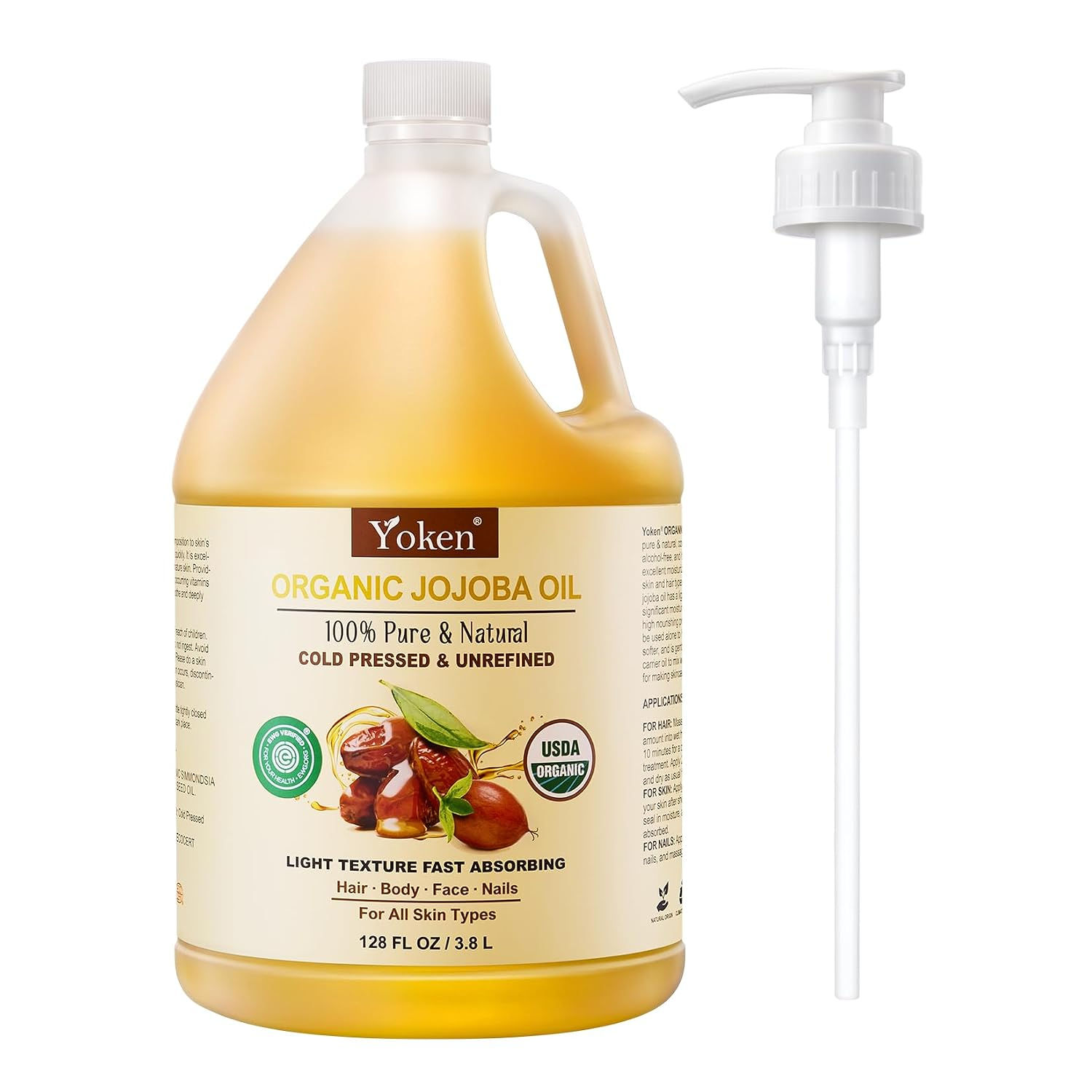 Yoken Bulk Jojoba Oil 128oz, USDA Organic Carrier Oil for DIY & Massage | Jojoba