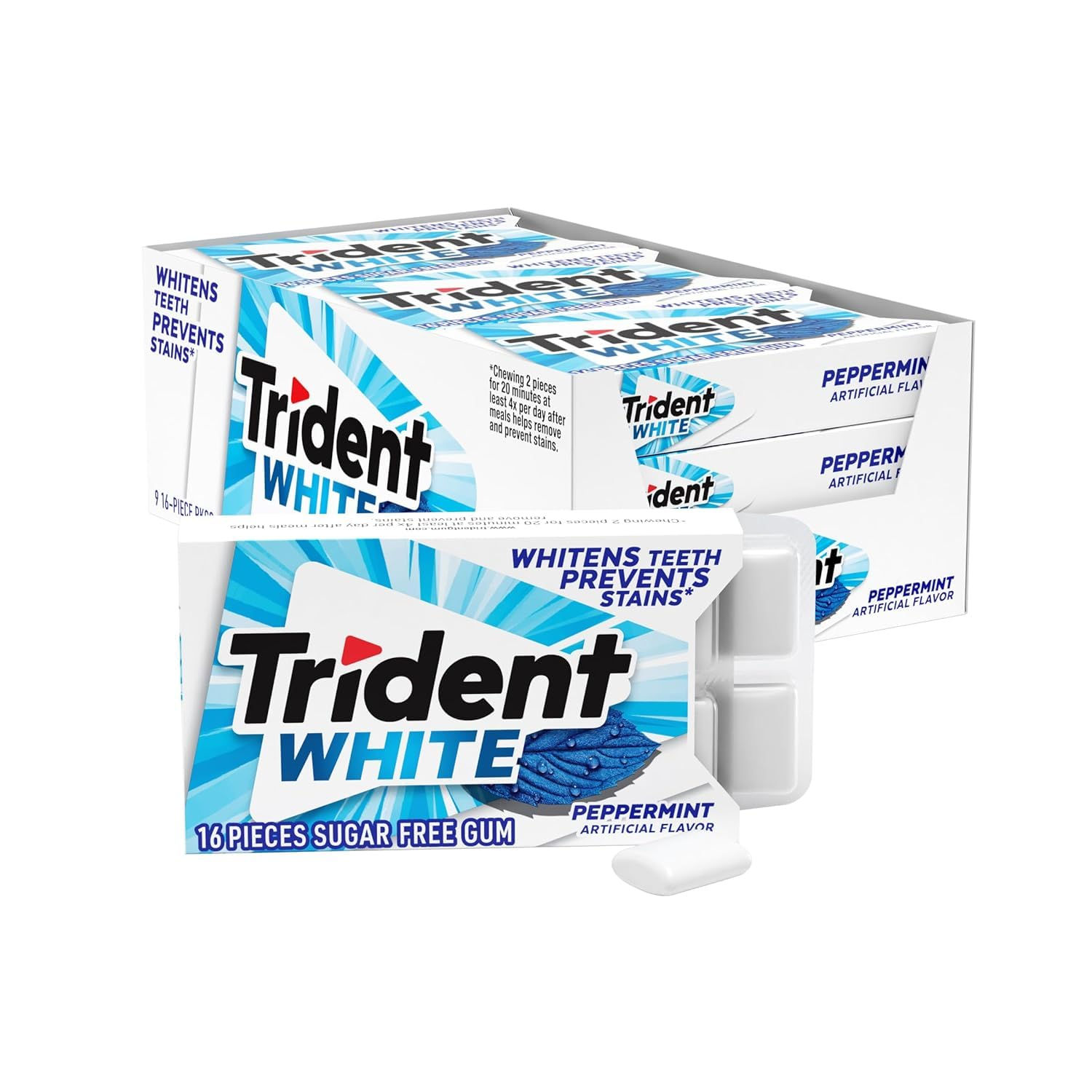 Trident White Peppermint Sugar-Free Chewing Gum, 9 Packs of 16 Pieces (144 Total