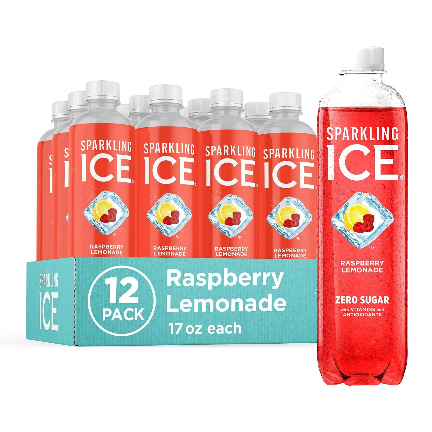 Sparkling Ice, Raspberry Lemonade Sparkling Water, 17 fl oz Bottles (Pack of 12