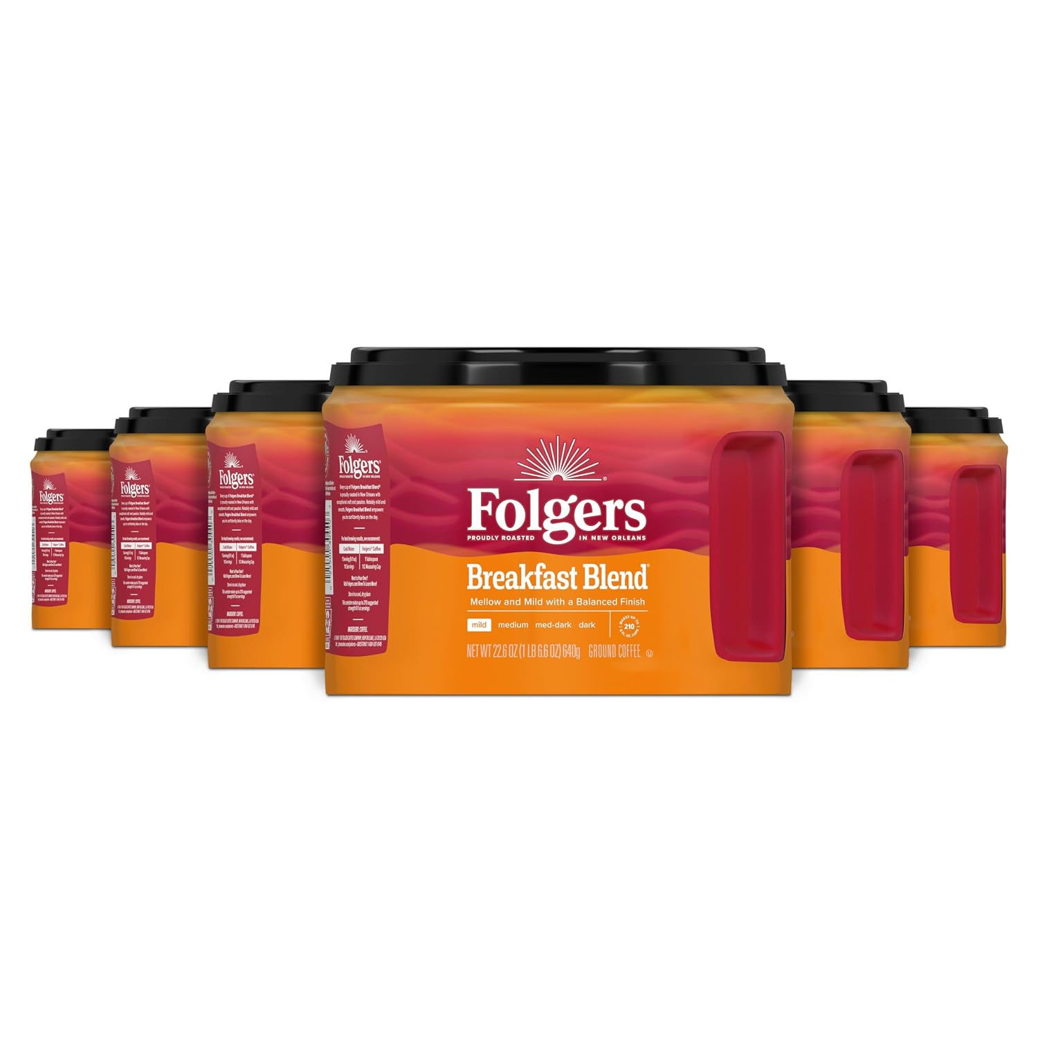 Folgers Breakfast Blend Ground Coffee, Mild Roast, 6 Canisters | 22.6-oz. canist