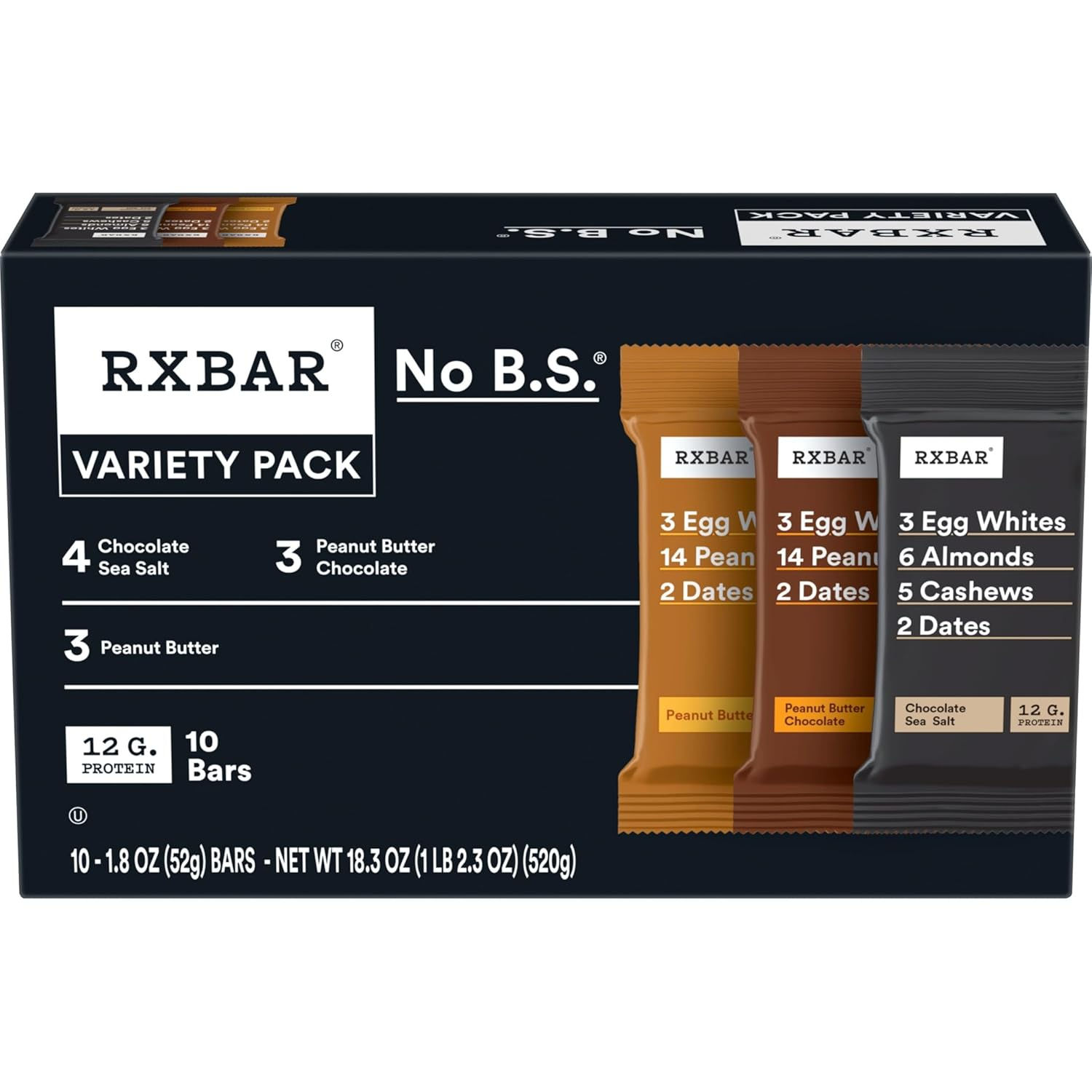 RXBAR Protein Bars, 12g Protein, Gluten Free Snacks, 3-Flavor Variety Pack, 18.3