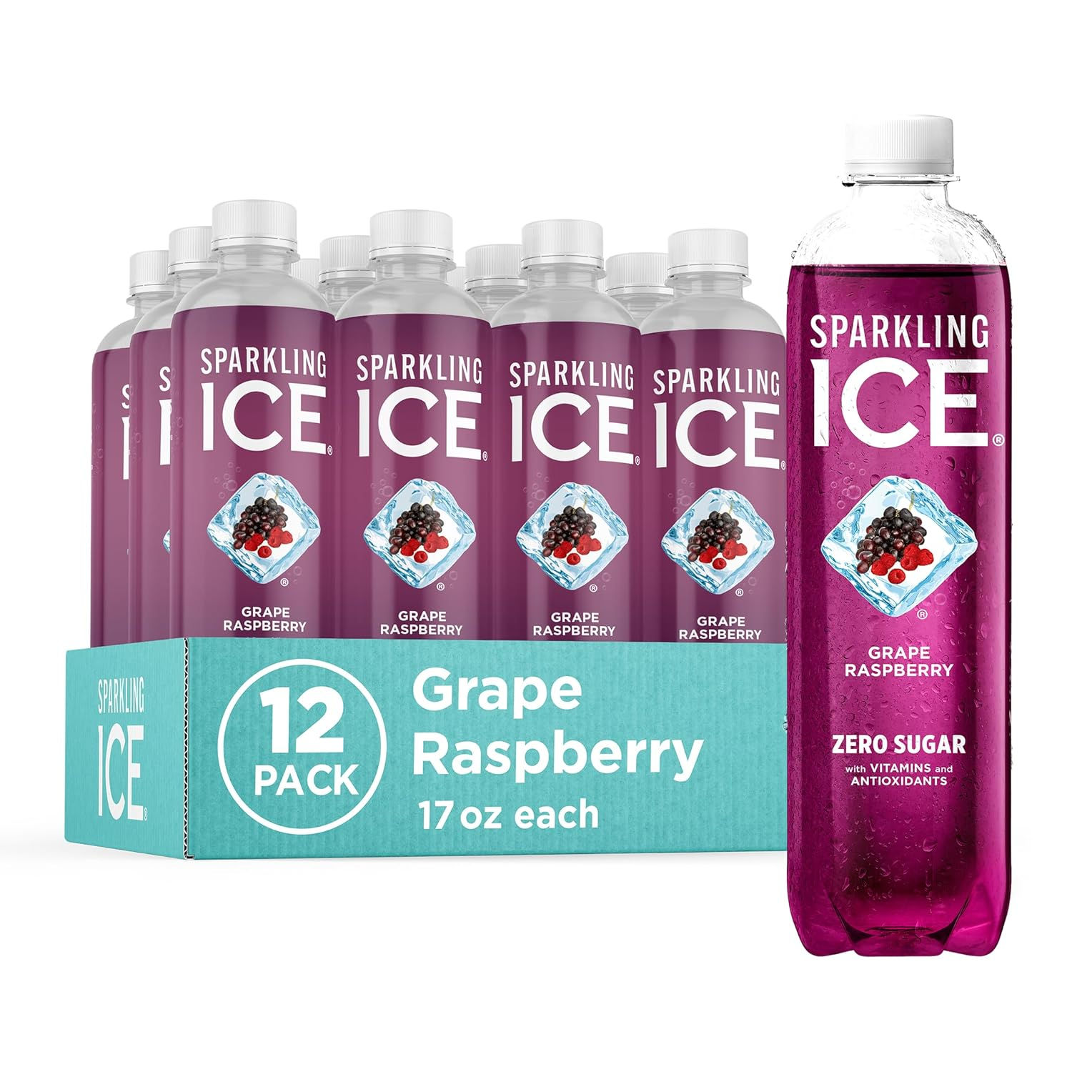 Sparkling Ice, Grape Raspberry Sparkling Water, 17 fl oz Bottles (Pack of 12)