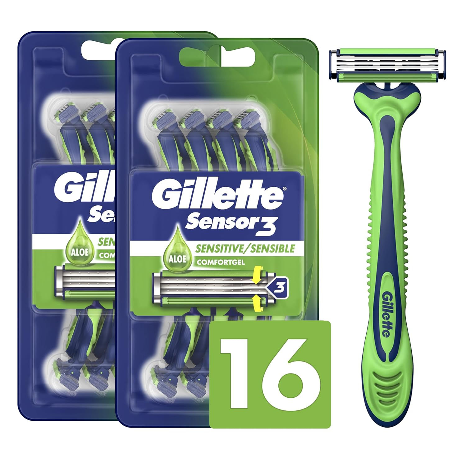 Gillette Sensor3 Sensitive Disposable Razors for Men, 8 Count (Pack of 2)