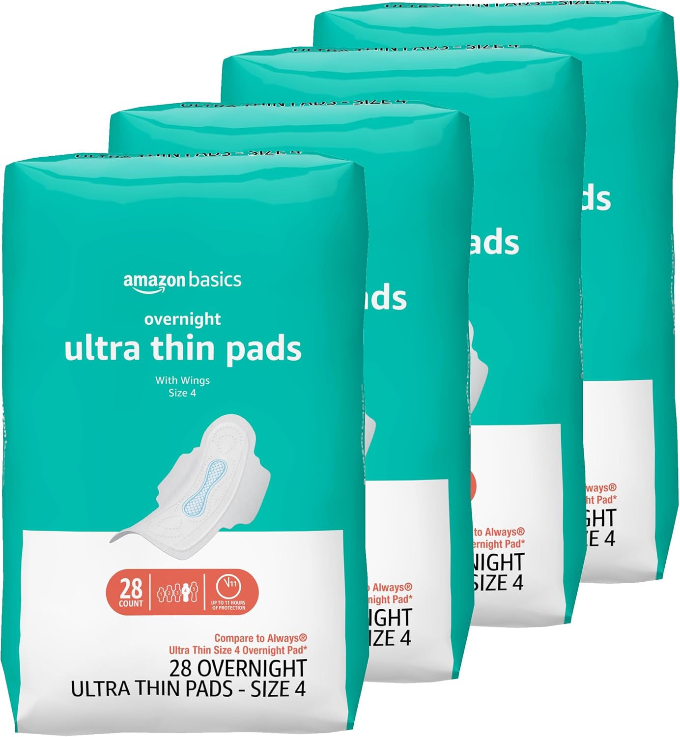 Amazon Basics Overnight Feminine Period Pads for Women, Ultra Thin with Flexi-Wi