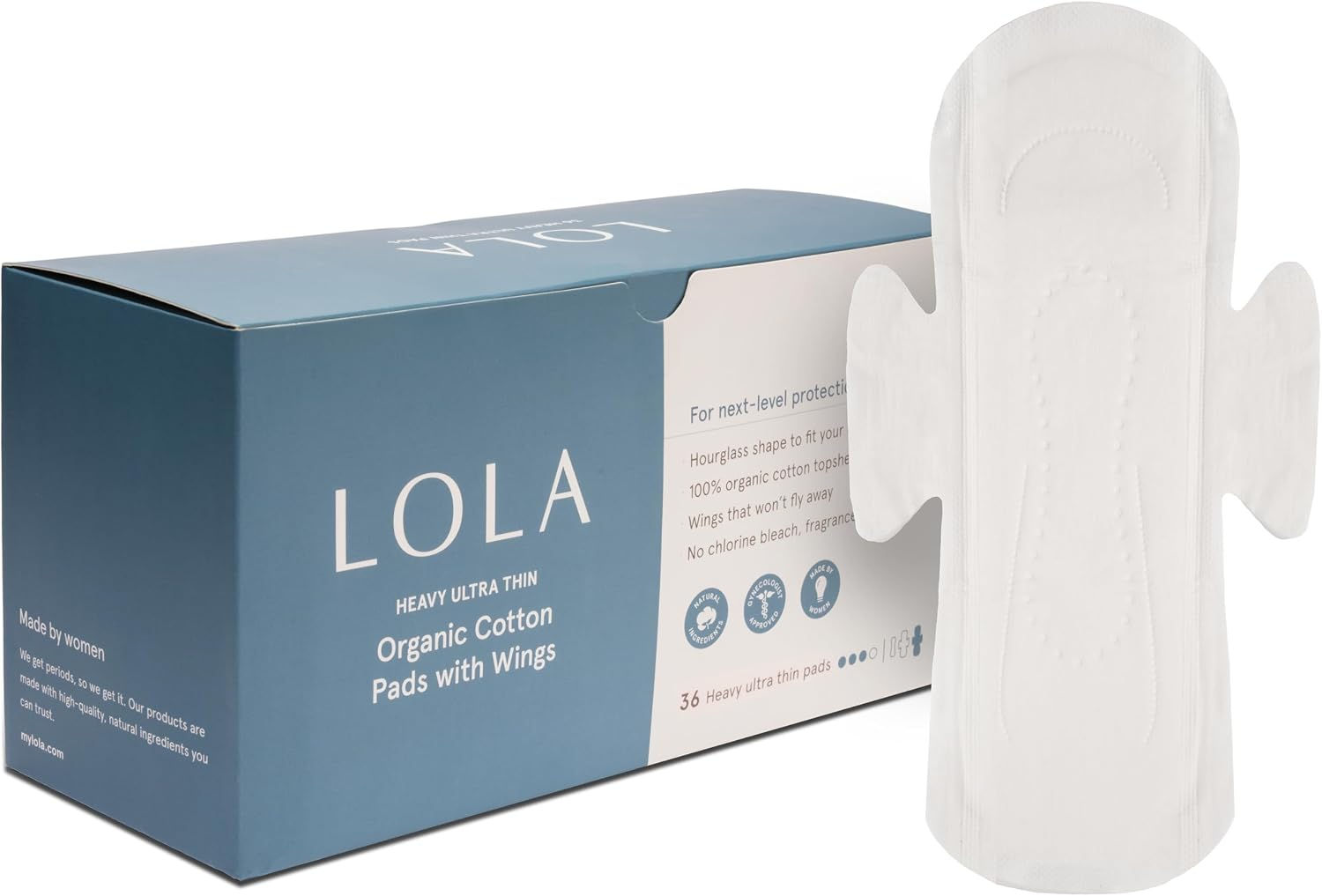 LOLA Organic Cotton Pads, 36 Count, Ultra Thin with Wings, Heavy | Cotton Organi