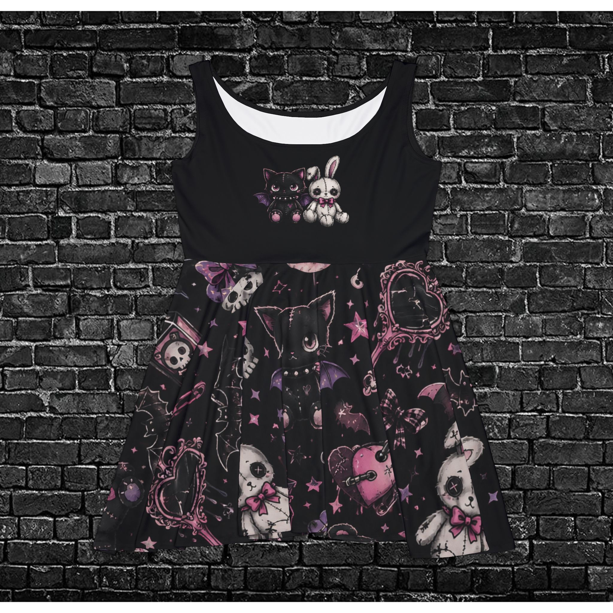 Kawaii Goth Skater Dress — Cute Dark Bunny & Teddy Print