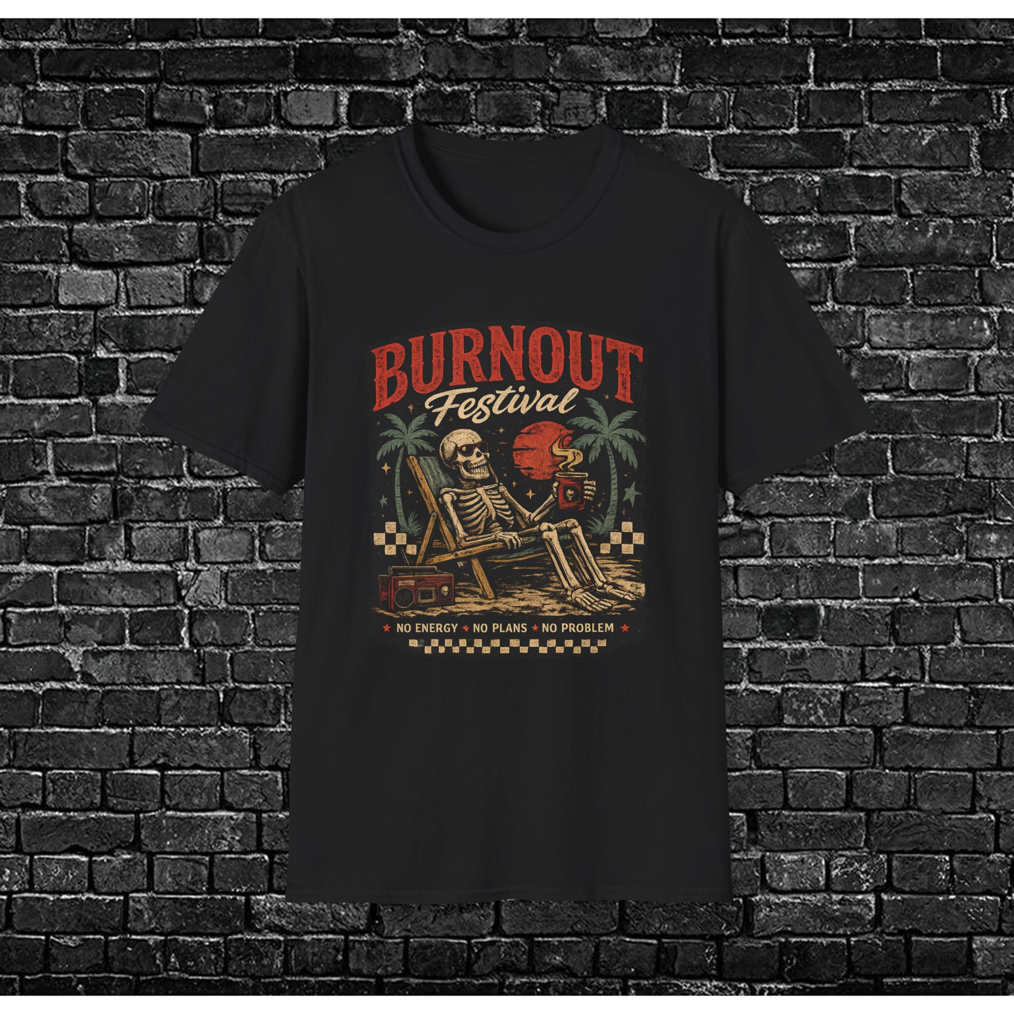 Burnout Festival T-Shirt — Vintage Skeleton Surf & Palm Graphic Tee