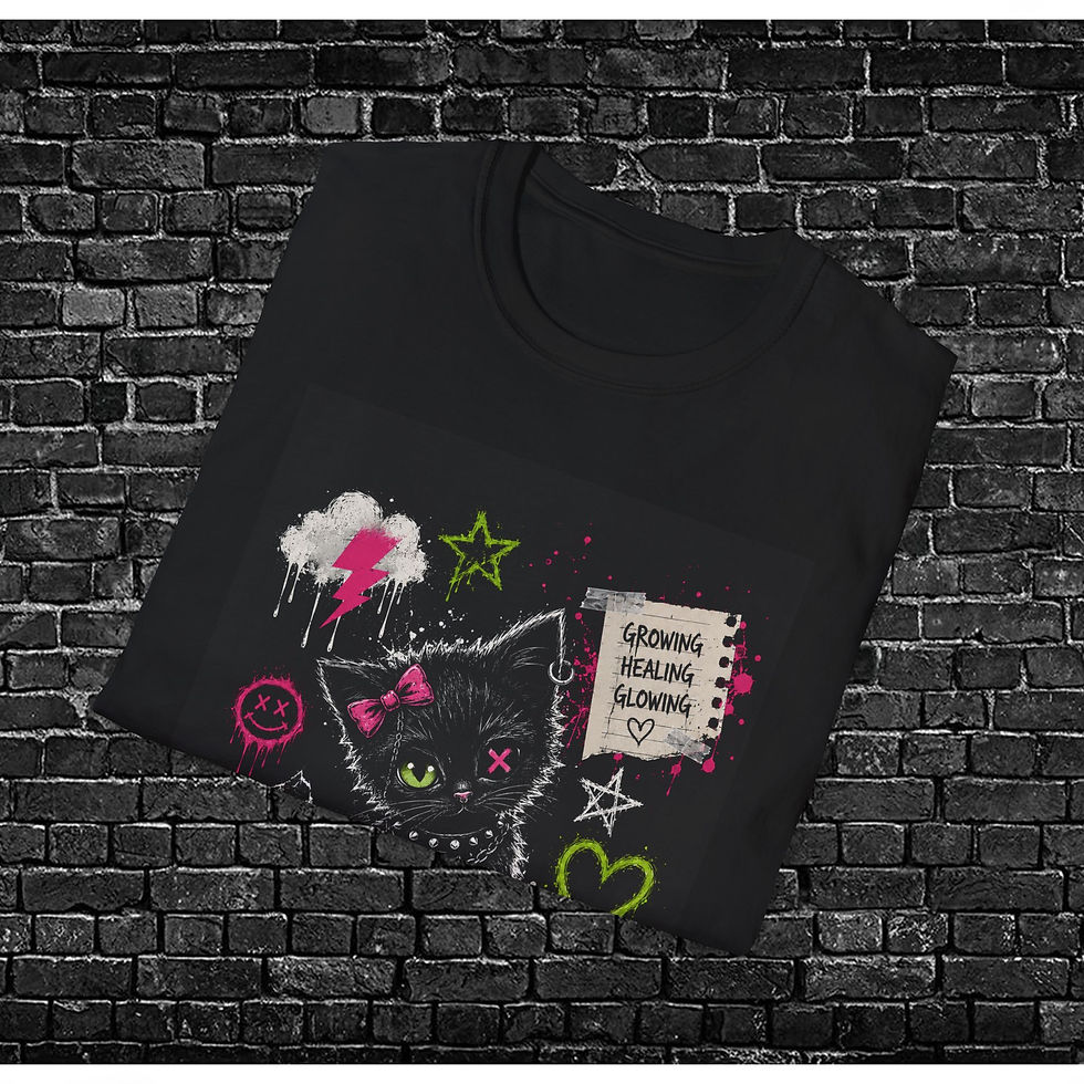 Thumbnail: Cat Graffiti T‑Shirt — "Growing Healing Glowing" Cute Punk Kitty Tee