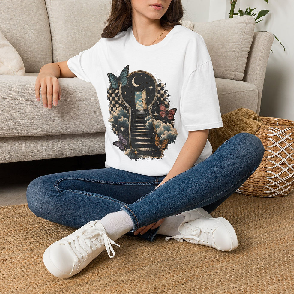 Thumbnail: Dreamscape Keyhole Tee — Moonlit Stairway Butterfly Graphic T‑Shirt