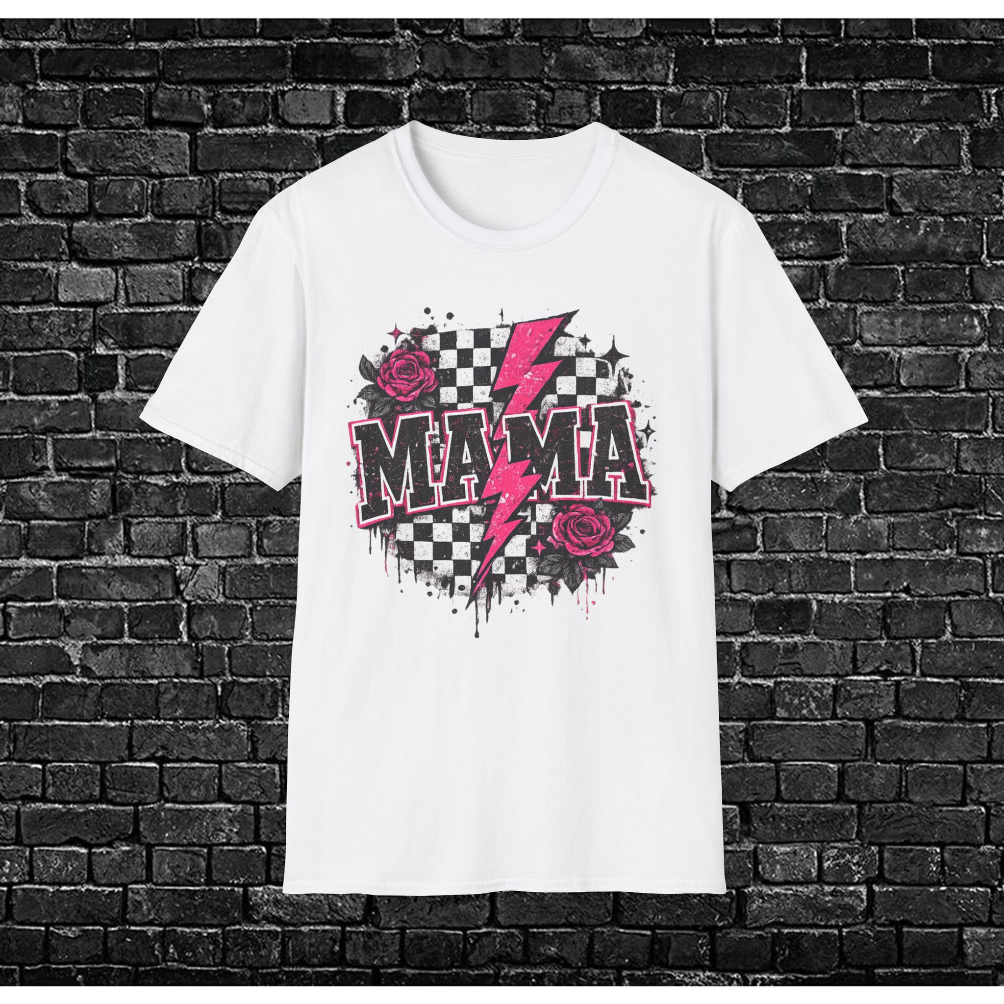 Mama Lightning Bolt Checkerboard Tee — Edgy Rocker Mom Graphic T-Shirt