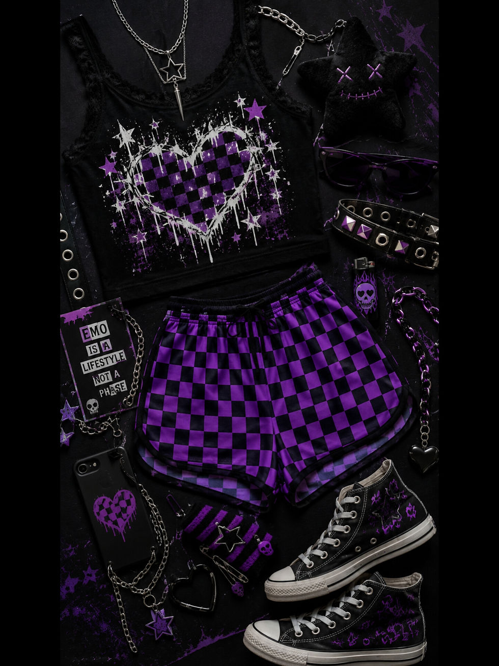 Thumbnail: Purple & Black Checkerboard Relaxed Shorts 