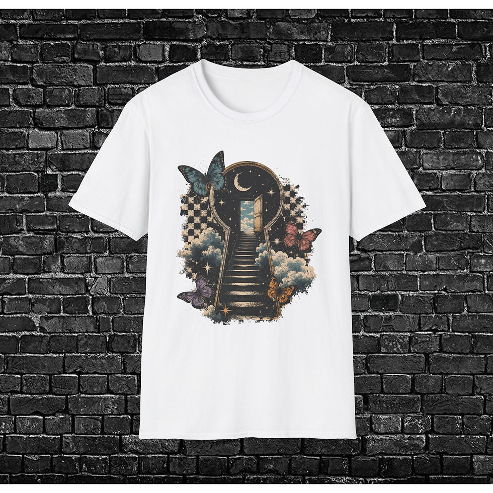 Thumbnail: Dreamscape Keyhole Tee — Moonlit Stairway Butterfly Graphic T‑Shirt