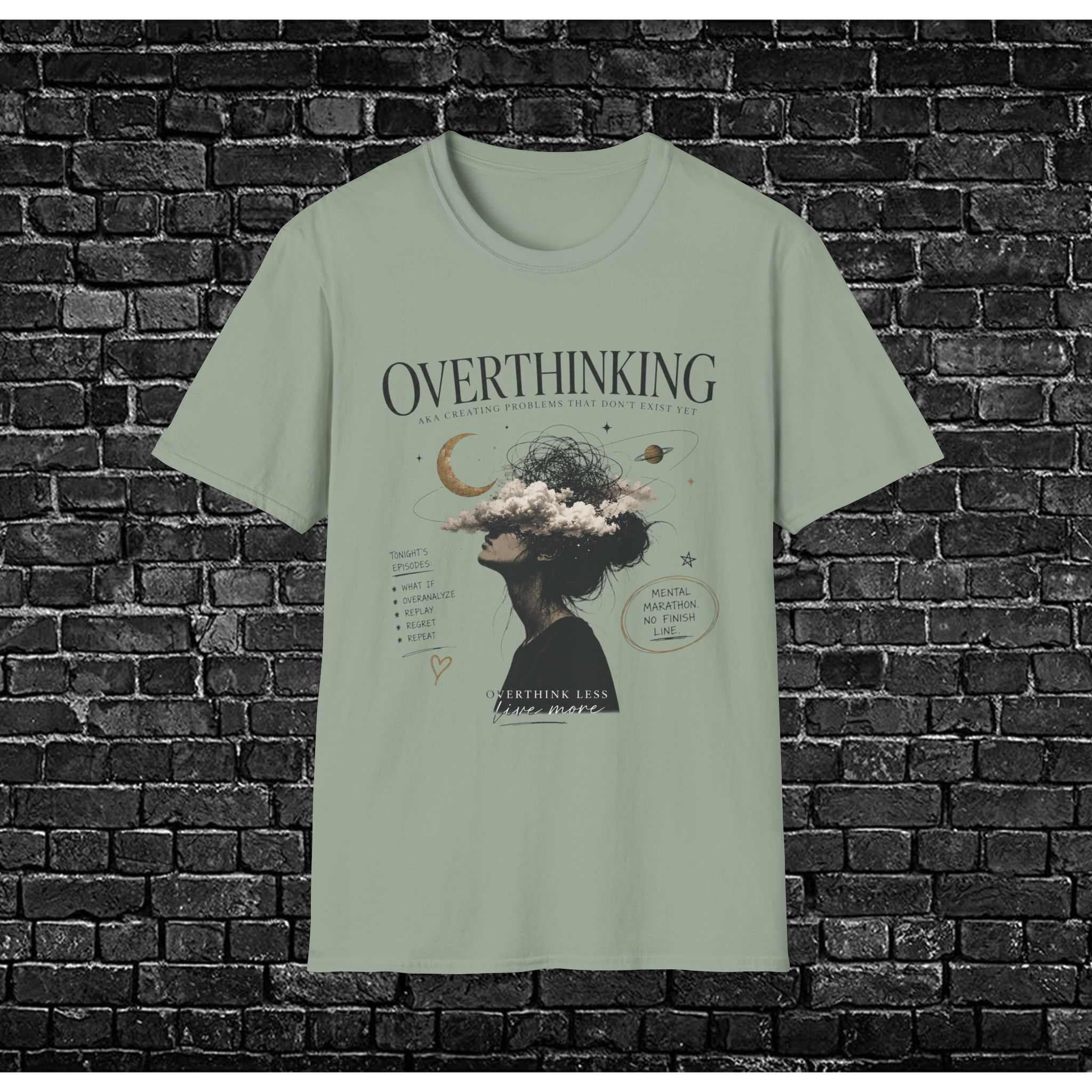 Overthinking Graphic T‑Shirt — Celestial Mindscape Tee with 'Overthinking' Text