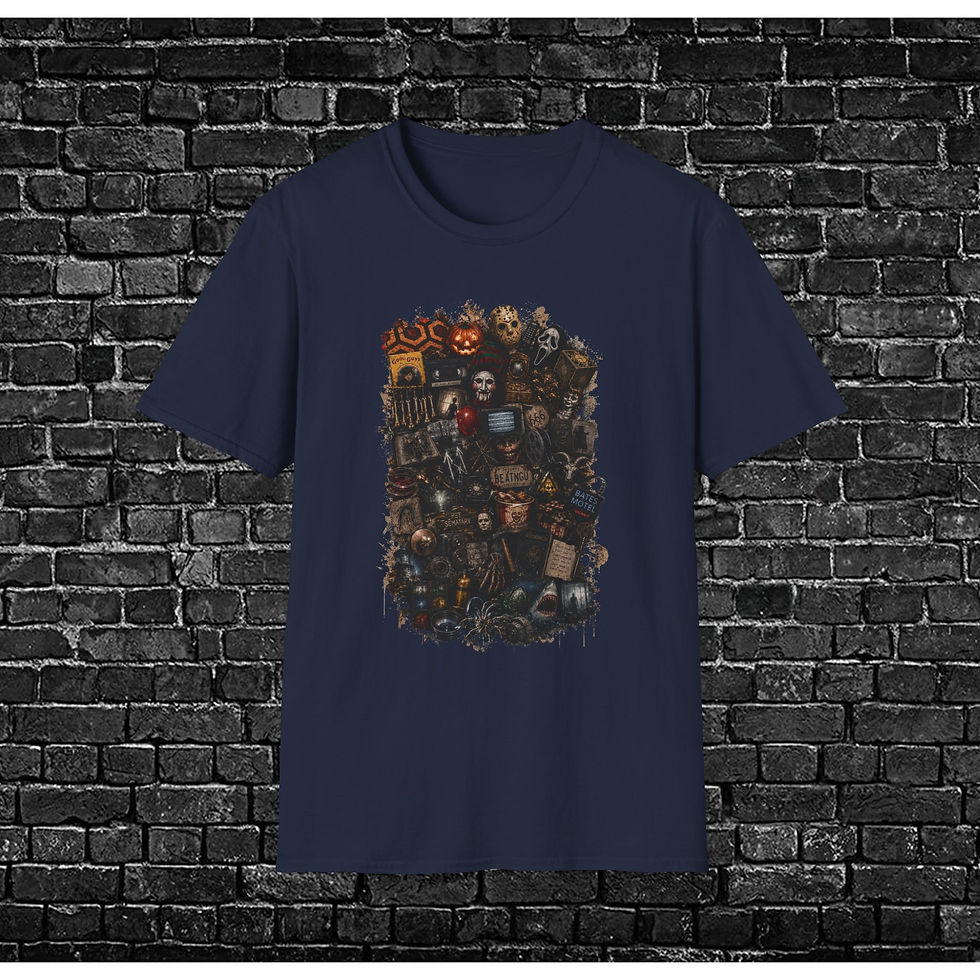 Thumbnail: Horror Icons Collage T-Shirt — Classic Slasher Mask & Pumpkin Movie Villains Tee