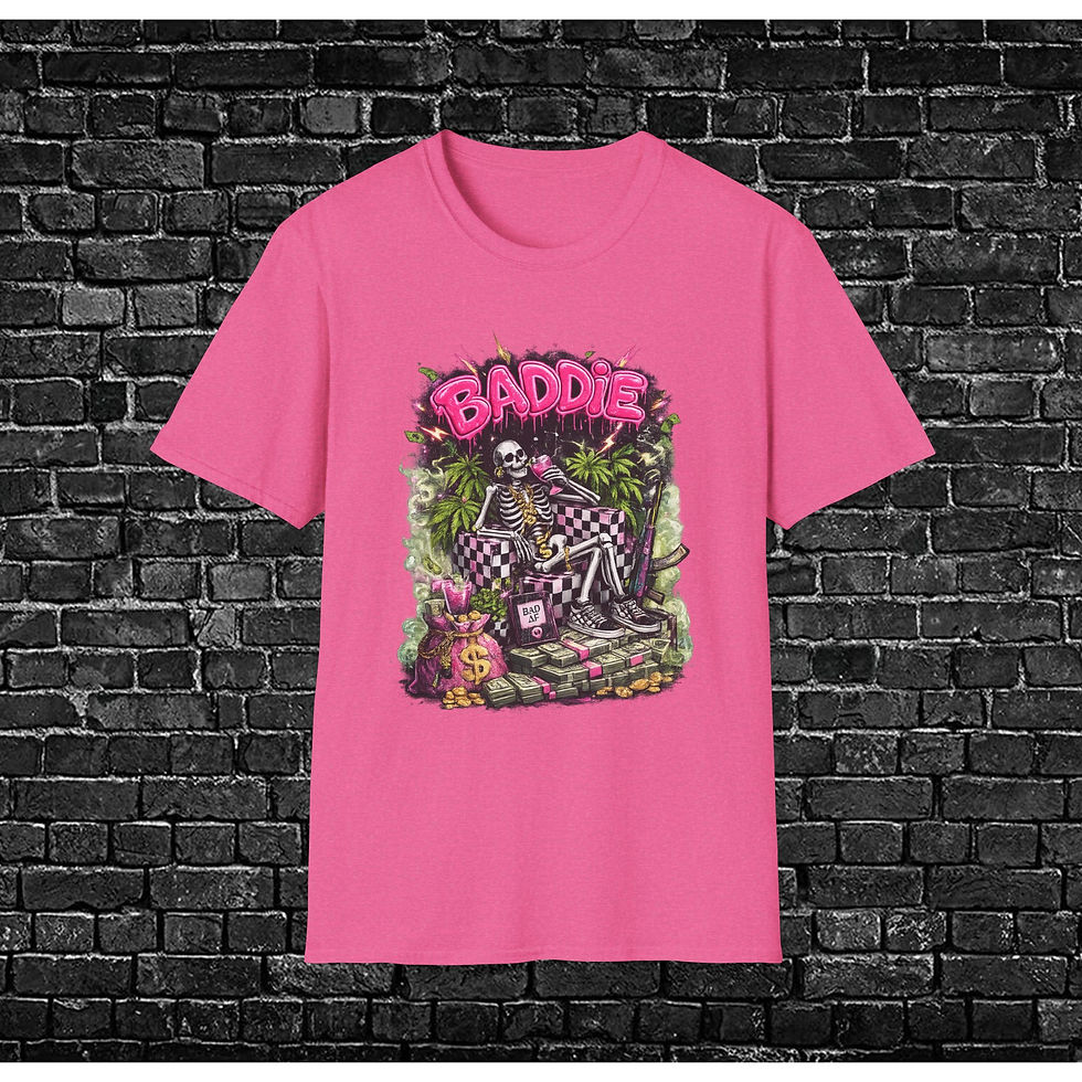 Thumbnail: Baddie Graphic Tee — Pink Skull & Checkerboard Streetwear T-Shirt