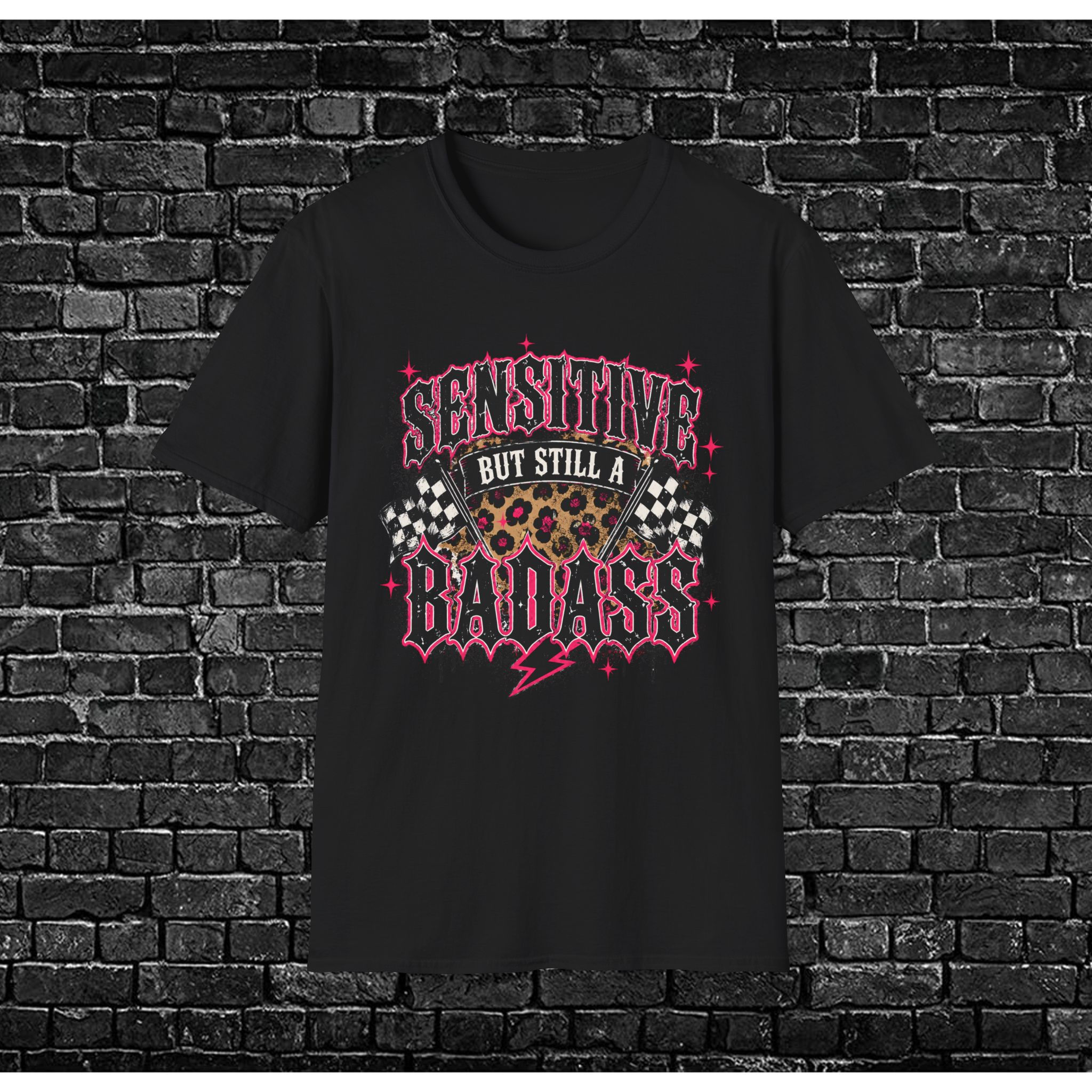 "Sensitive But Still a Badass" Leopard & Checkered Retro Rock Tee