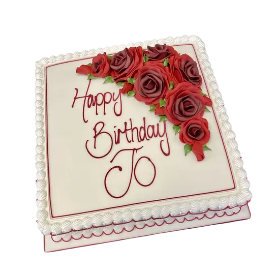 Bespoke Ruby Roses cake with intricate red sugar roses and green leaves, crafted in Solihull, West Midlands.