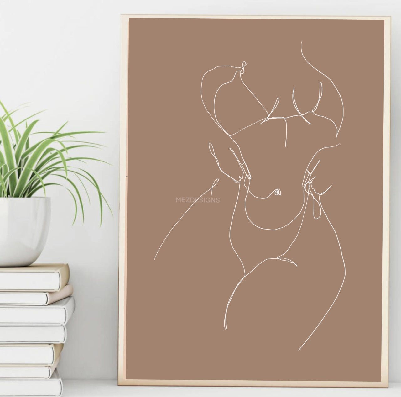 White Curve Body Line Drawing on Mocha Brown