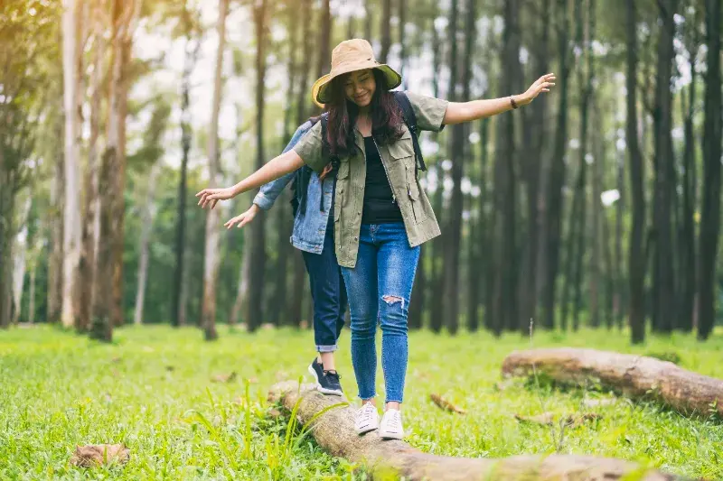 Travellers walking on a log