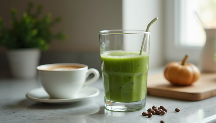 Eye-level view of a green smoothie and coffee on a kitchen counter