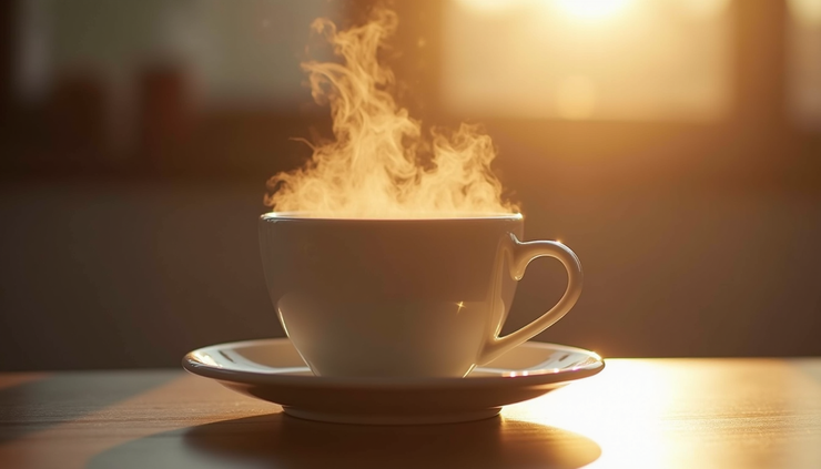 Close-up of a steaming cup of coffee on a wooden table with morning light