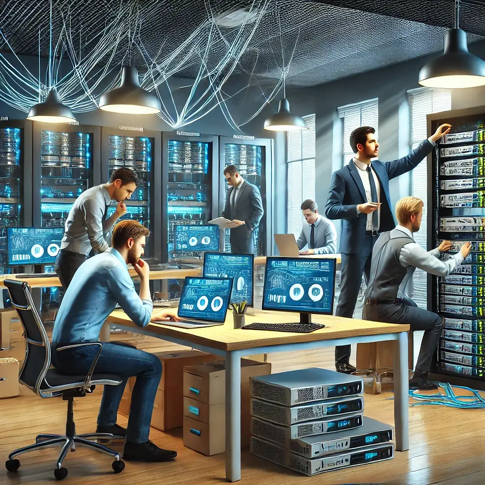 Simple Network Solutions - A realistic image showing a team of IT professionals upgrading a business network to handle high bandwidth applications