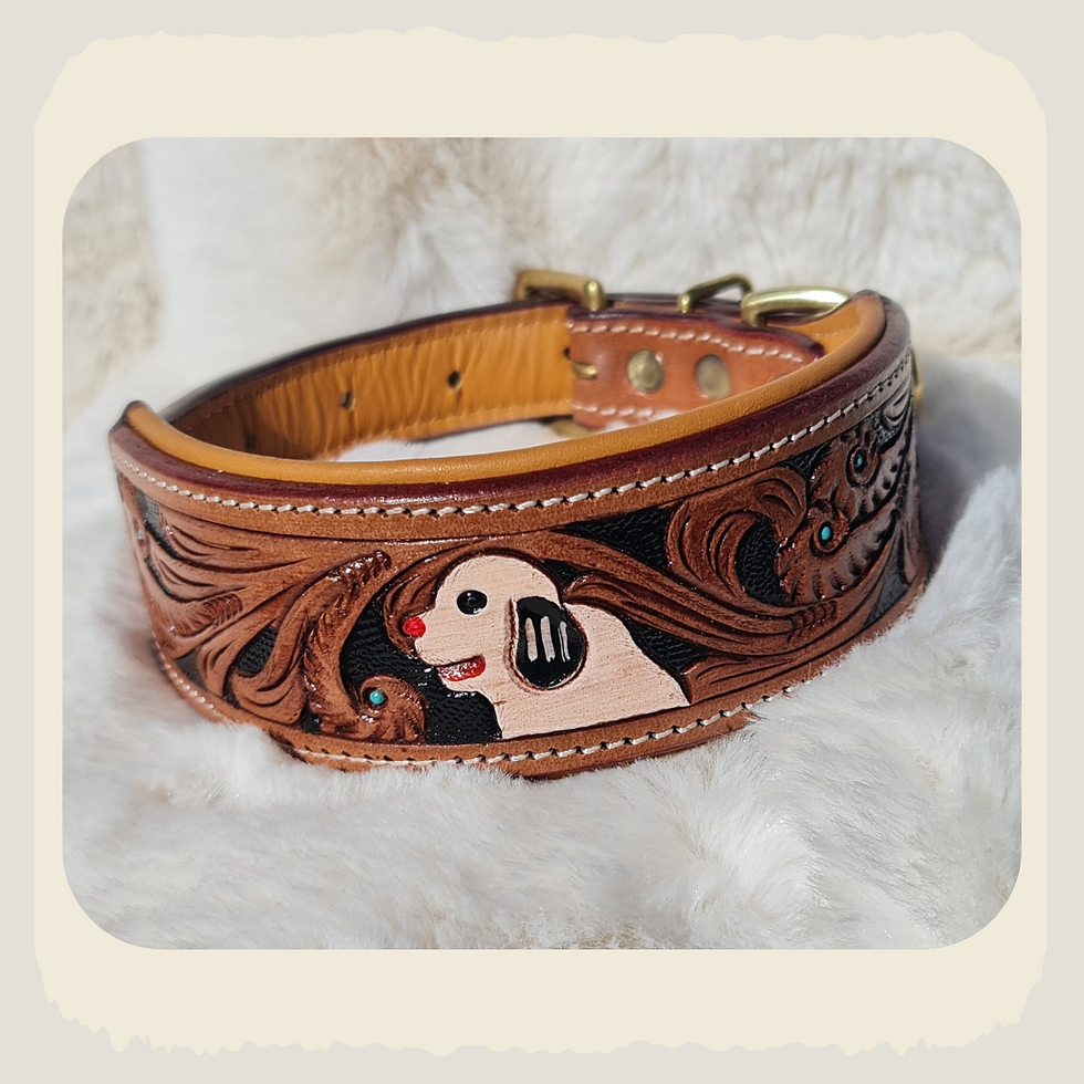 Thumbnail: Handcrafted Full-Grain Buffalo Leather Dog Collar with Intricate Floral & Dog Mo