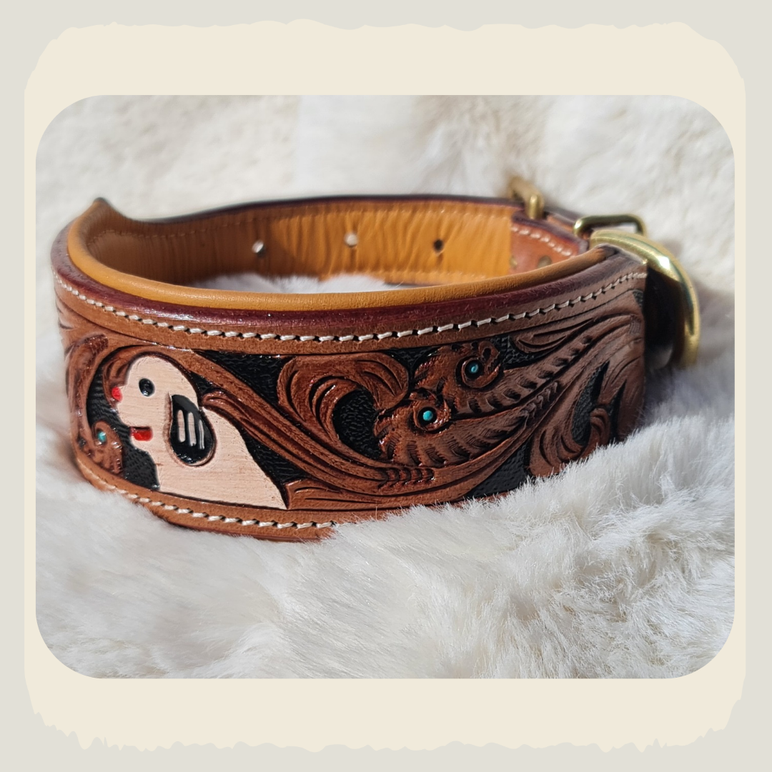 Handcrafted Full-Grain Buffalo Leather Dog Collar with Intricate Floral & Dog Mo