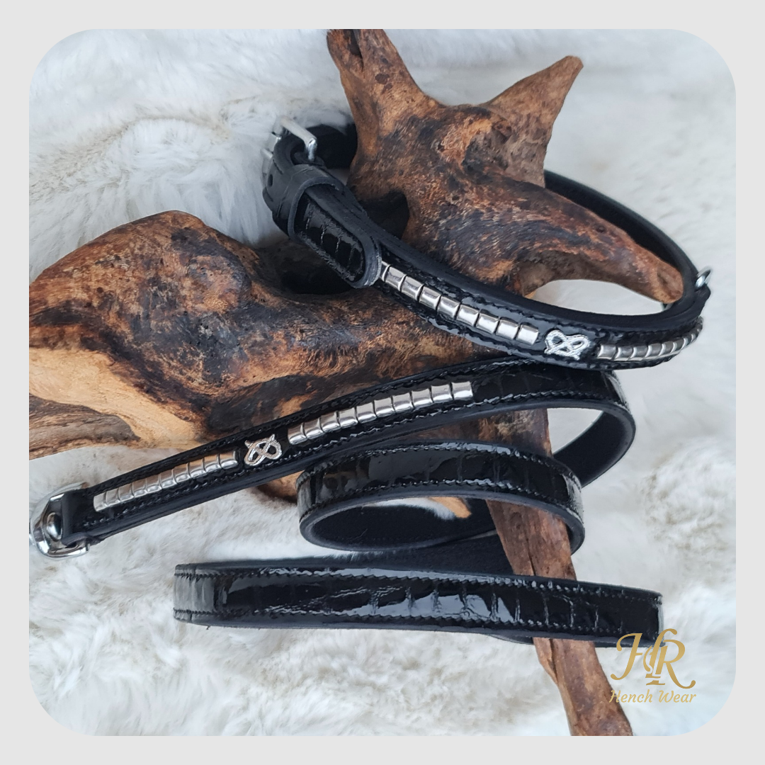 Leather Staffordshire Bull Terrier Show Collar and Lead Set – Black Croc Pattern